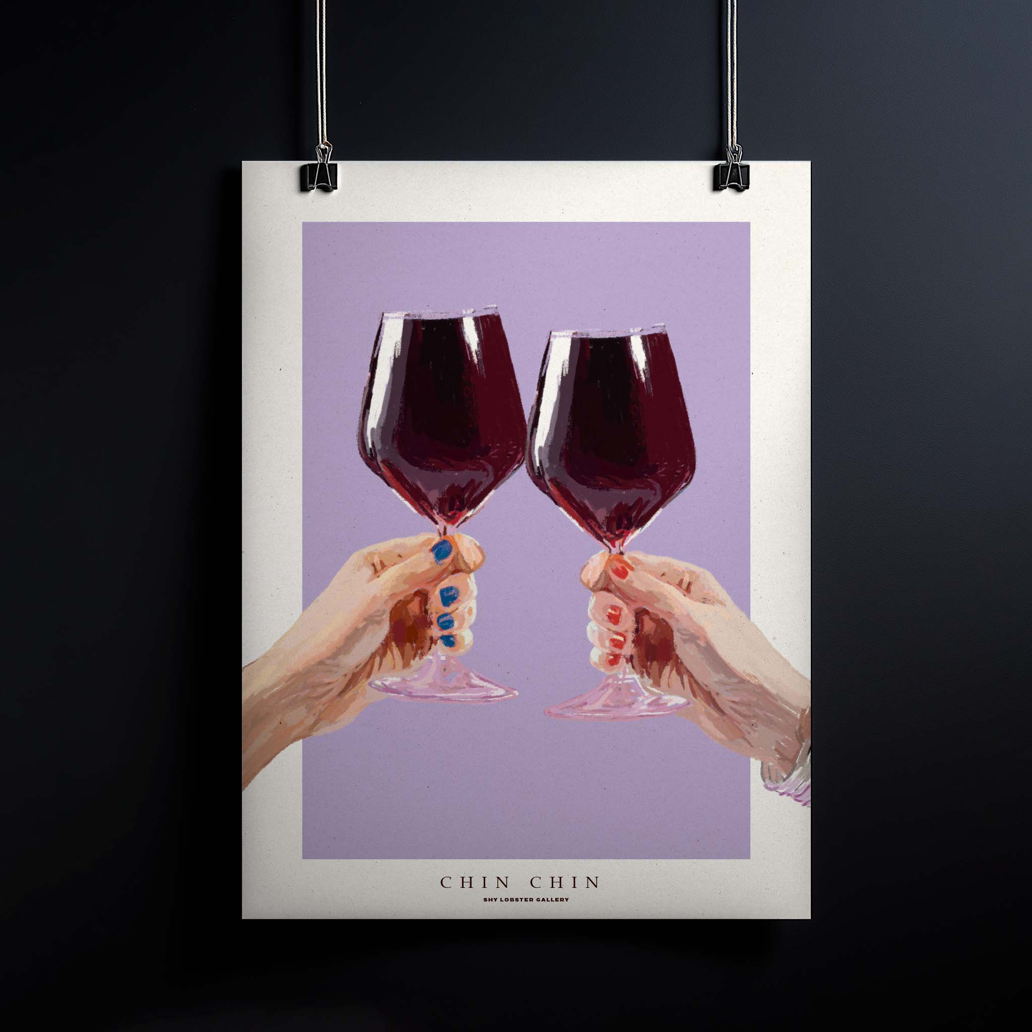 "Chin Chin" – Graphic poster featuring two wine glasses filled to the brim, toasting in celebration. Perfect for wine lovers, this vibrant print encourages celebrating everyday moments, ideal for kitchens, dining areas, or wine-themed decor.