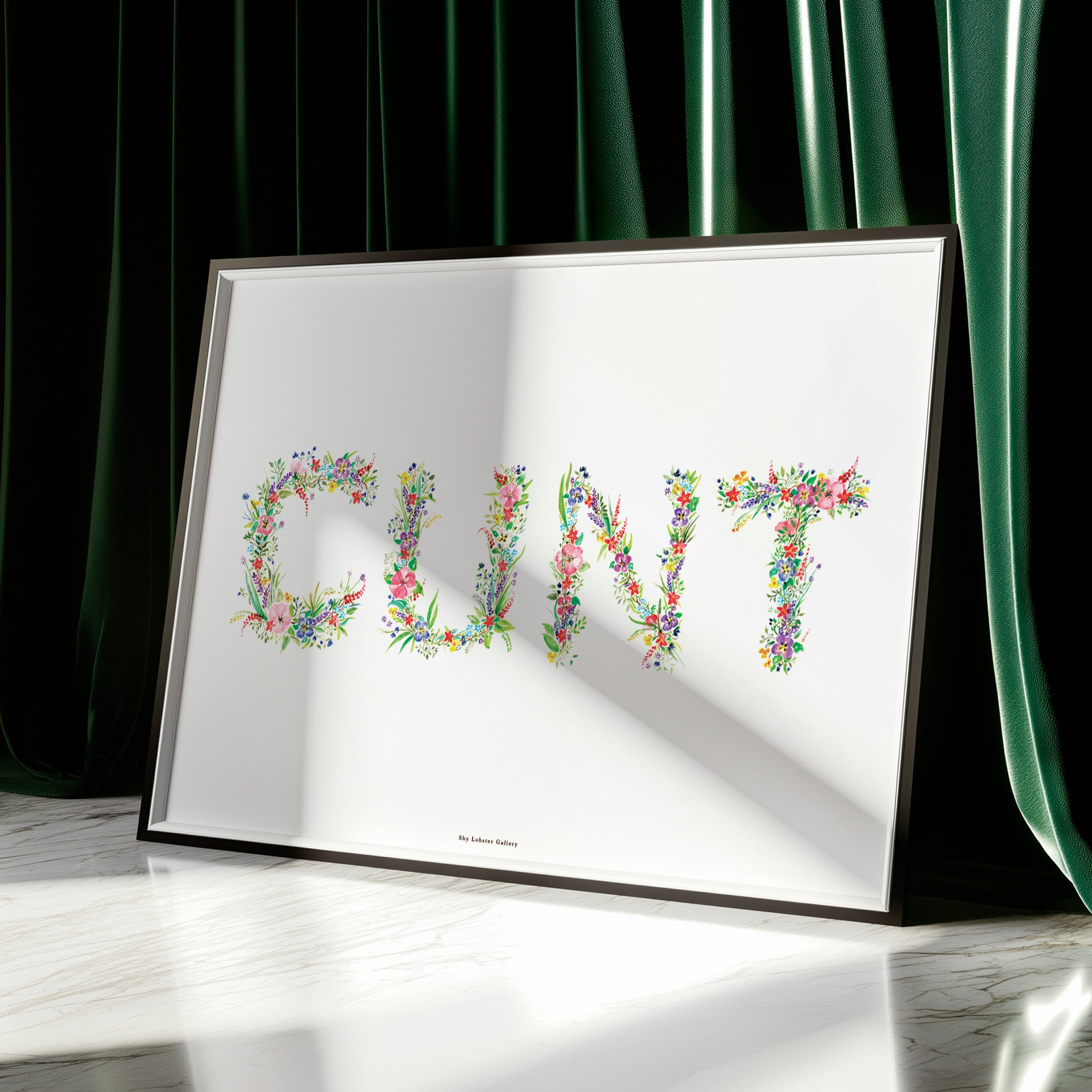 "Cunt" – Artistic print featuring delicate flowers forming the word in stunning hand-painted typography. A powerful and stylish feminist decor piece.