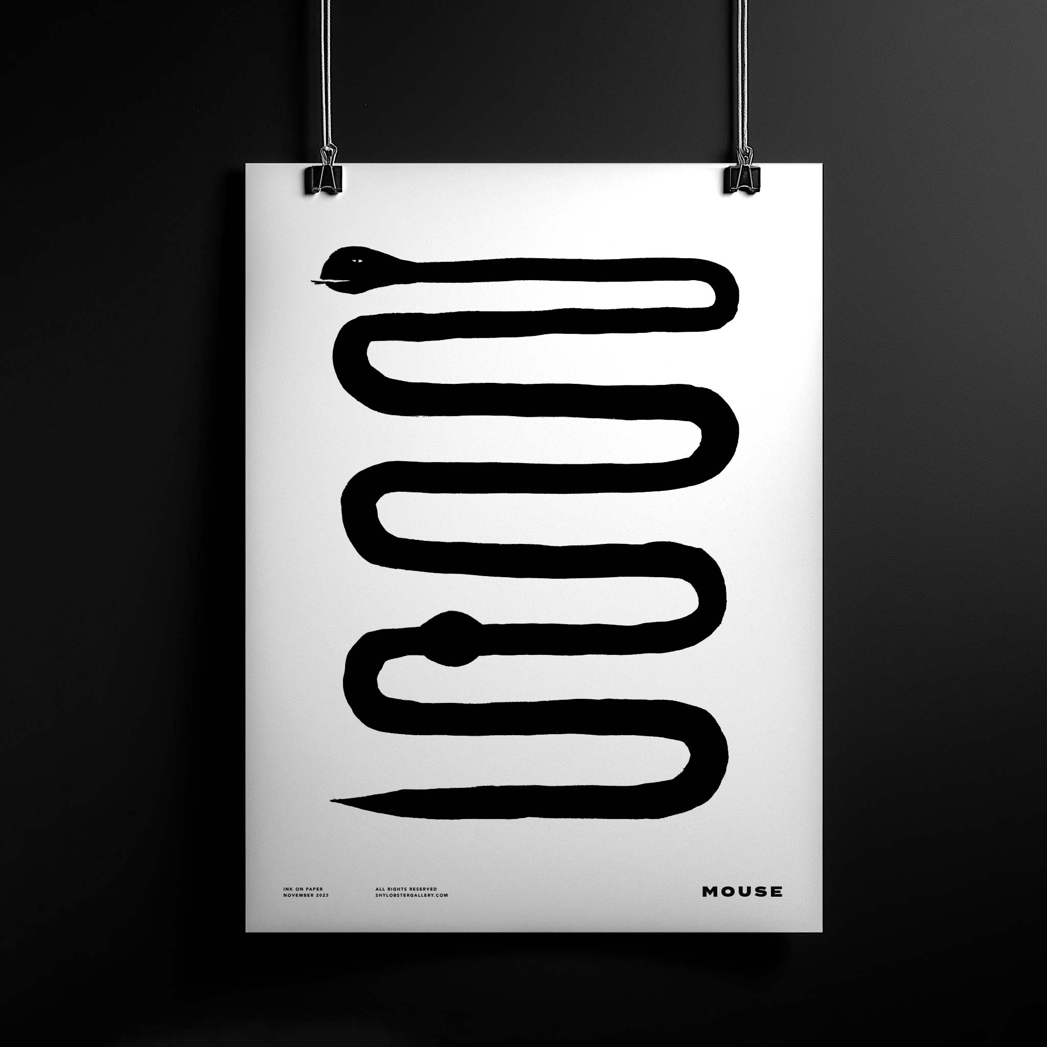 Black and white illustration of a snake with a lump in its belly after eating a mouse. Humorous design featuring a simple, graphic style with an uncomfortable expression.
