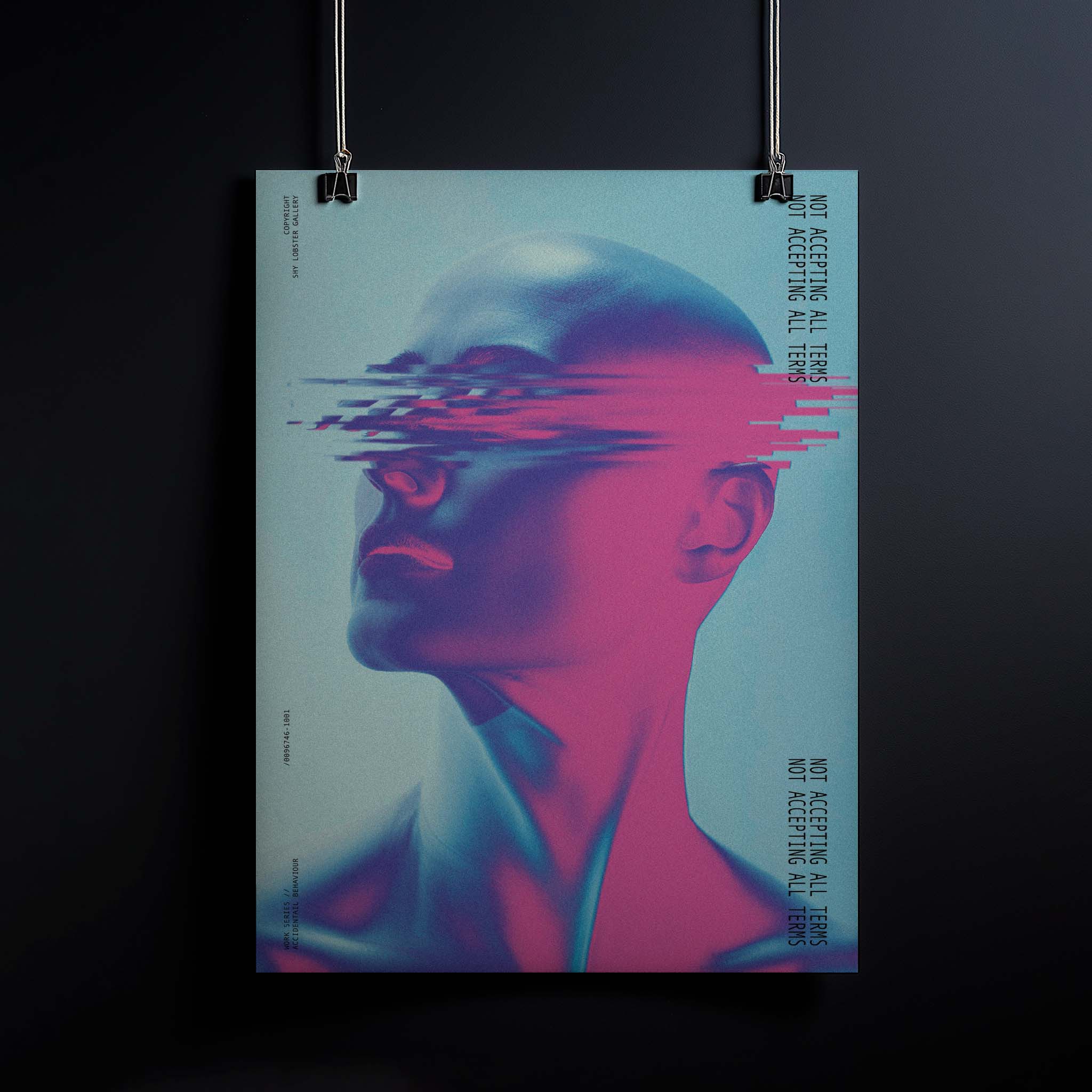 "A modern glitch-inspired poster featuring an anonymized person with distorted, 'glitched' eyes and the text 'Not Accepting Terms', symbolizing resistance to surveillance in a digital society. The design uses vibrant blue and pink colors."