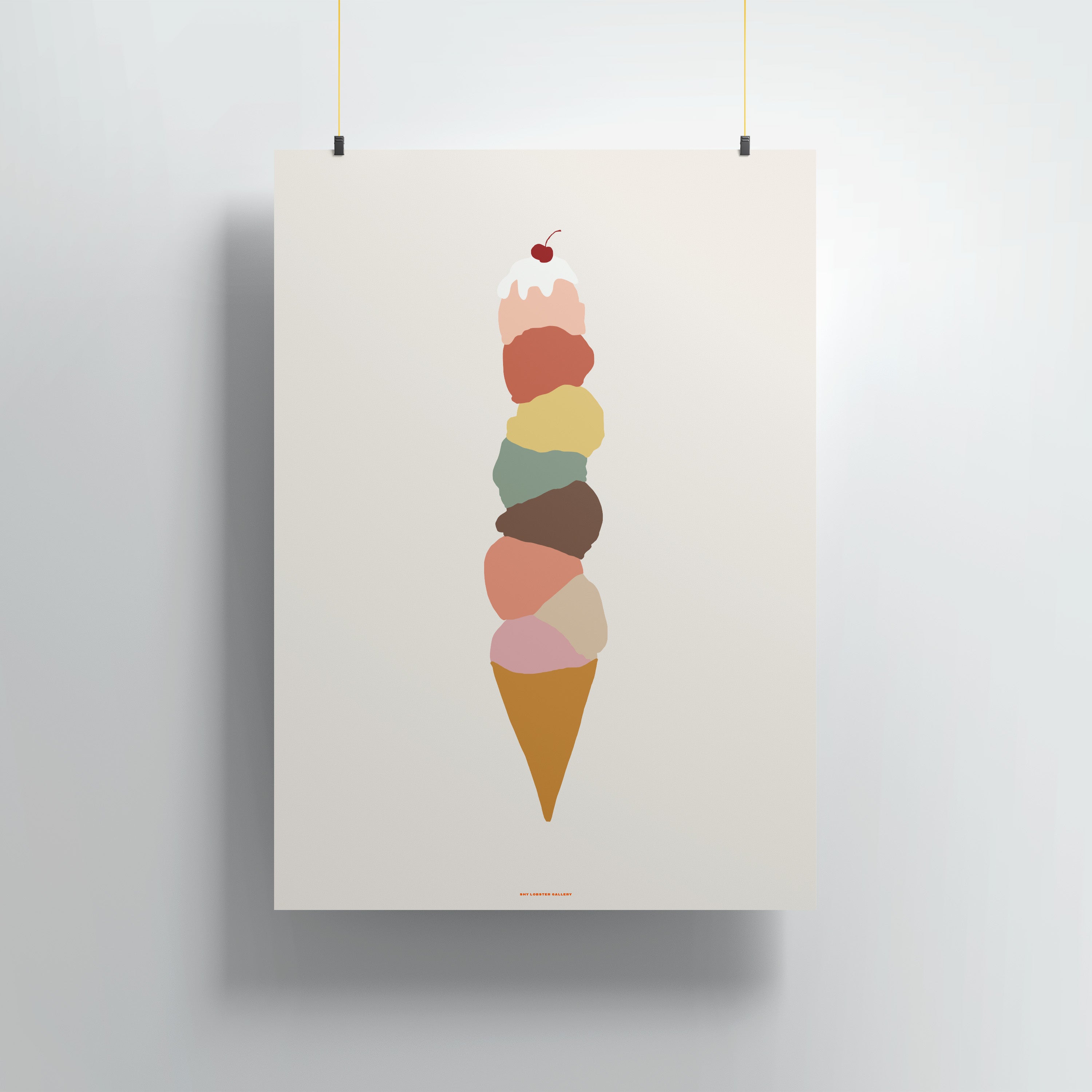 Ice Cream Cone Art Print - A clean and simple illustration of an ice cream cone with multiple scoops, designed in soothing pastel hues, perfect for ice cream lovers and playful home decor.