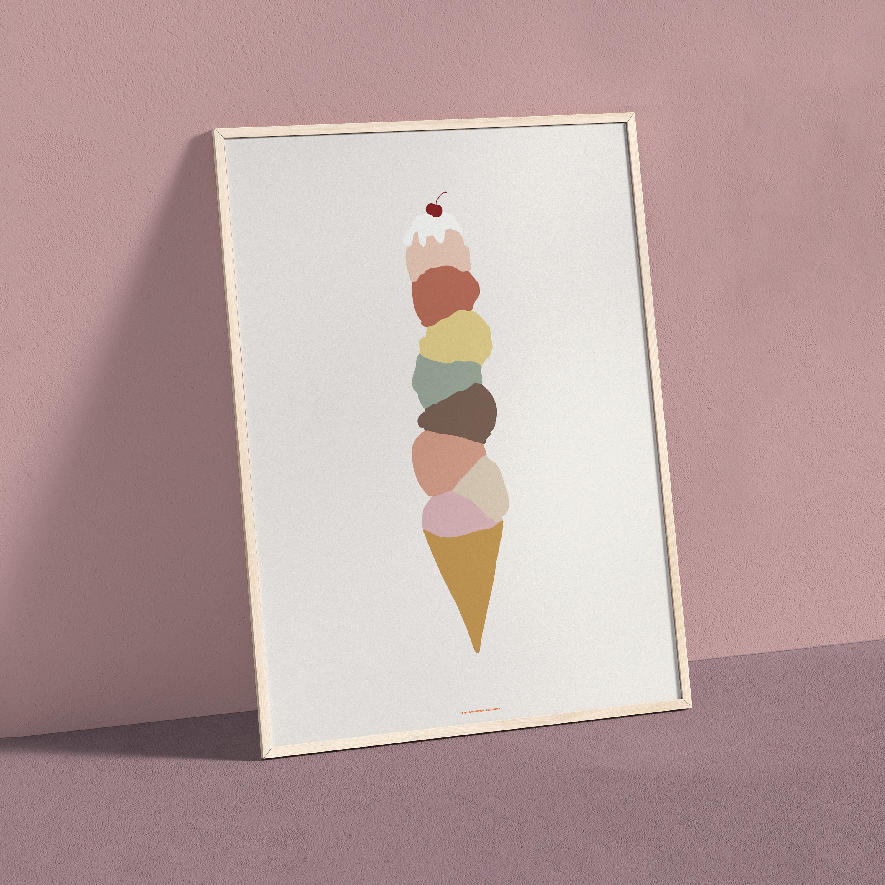 Ice Cream Cone Art Print - A clean and simple illustration of an ice cream cone with multiple scoops, designed in soothing pastel hues, perfect for ice cream lovers and playful home decor.