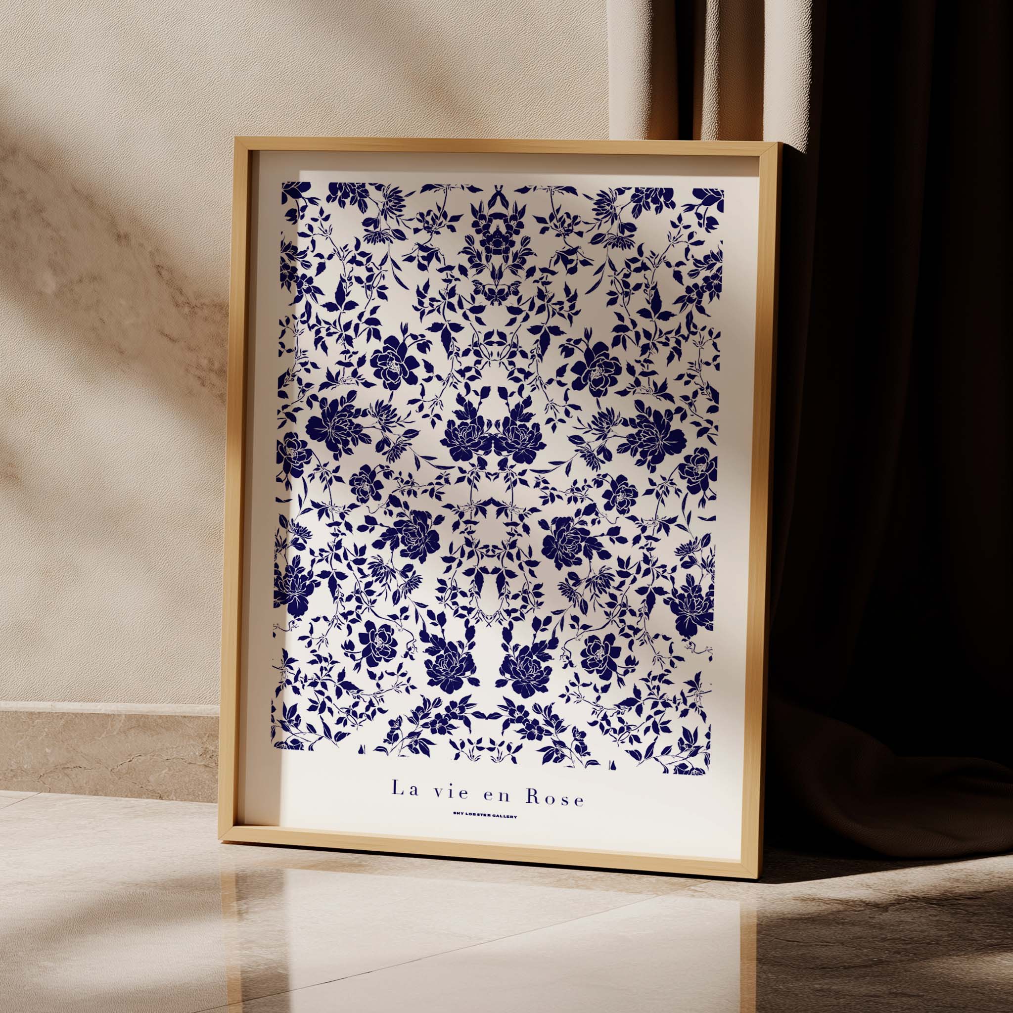 "Blue and white flower illustration poster, La Vie en Rose" – A modern, one-color floral design in perfect symmetry, ideal for adding elegance to your home decor.