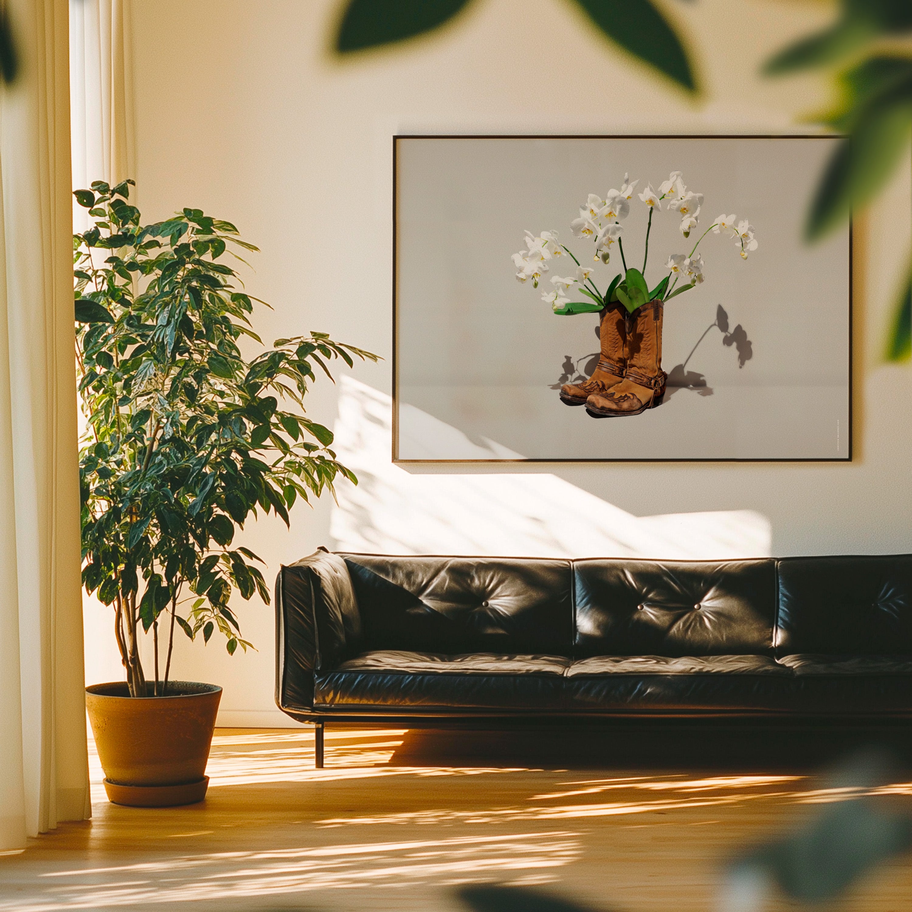 "Orchids and Cowboys" – Graphic poster featuring a pair of cowboy boots with beautiful white orchids growing from them. A striking blend of western style and natural elegance, perfect for home decor, offices, or art collections.