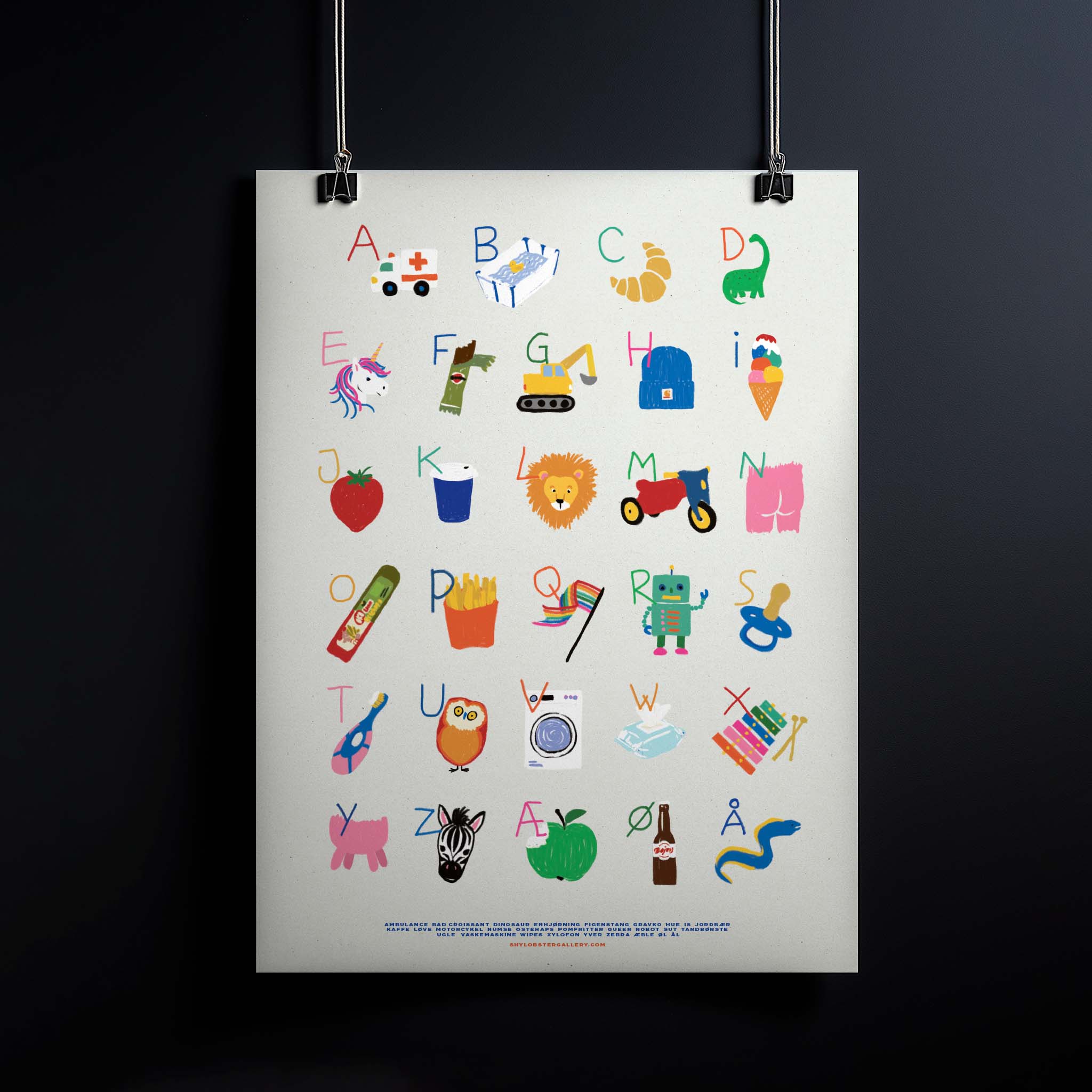 "Humorous and colorful 2025-friendly alphabet poster for kids featuring playful illustrations of wipes, French fries, fig sticks, LGBTQ flag, and more. A modern, inclusive, and fun way to teach the ABCs, perfect for any room or playroom."