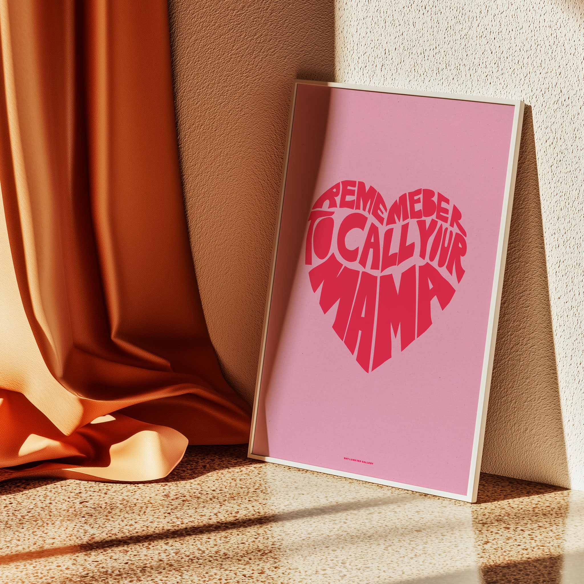 "Call Your Mama" – Bold and modern print featuring heart-shaped typography in pink and red tones. A playful yet sentimental reminder to call your mom, ideal for home decor or as a thoughtful gift.