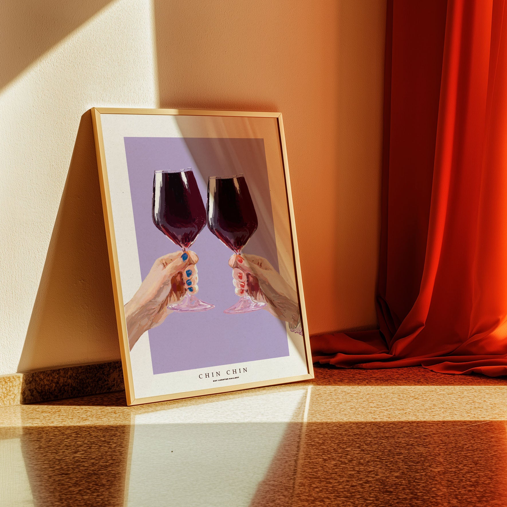 "Chin Chin" – Graphic poster featuring two wine glasses filled to the brim, toasting in celebration. Perfect for wine lovers, this vibrant print encourages celebrating everyday moments, ideal for kitchens, dining areas, or wine-themed decor. IN frame