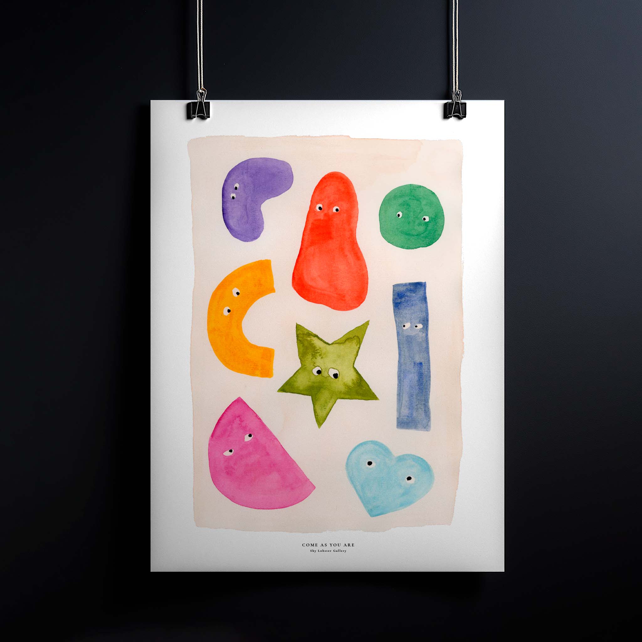 "Come As You Are" – Colorful watercolor poster for kids featuring different shapes symbolizing diversity and friendship. Inspirational print celebrating individuality and the beauty of differences, perfect for nurseries, playrooms, or school spaces.