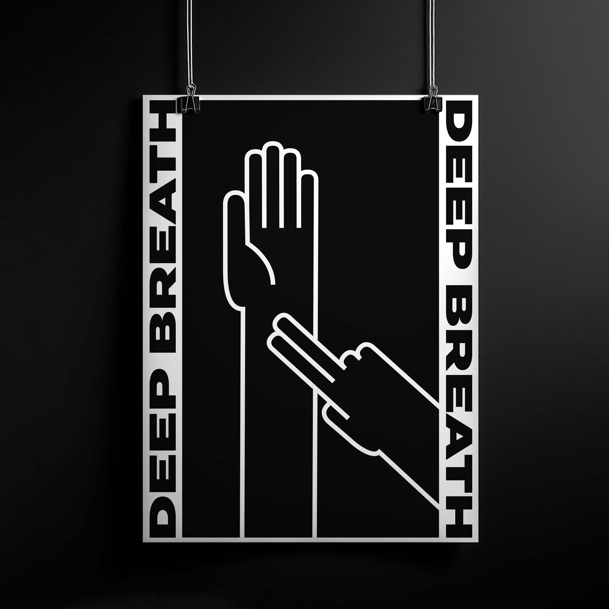 "Deep Breath" – Modern black and white graphic print featuring hands feeling their pulse, a reminder to relax, exhale, and live in the moment. Perfect for minimalist and mindful decor.