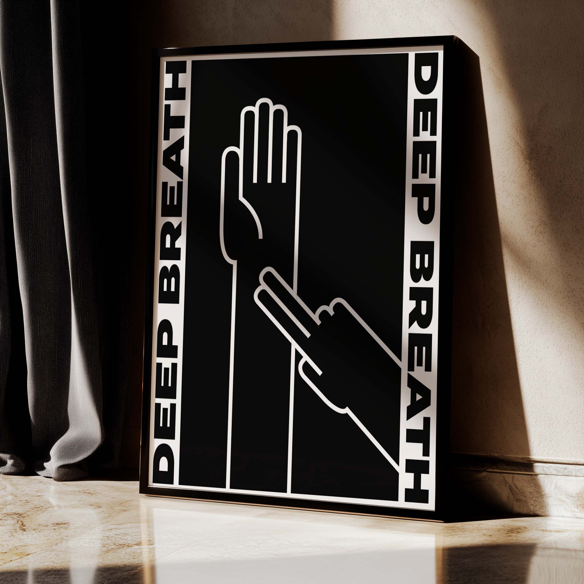 "Deep Breath" – Stylish black and white illustration of hands checking their pulse, encouraging relaxation and mindfulness. A cool, contemporary print for modern living spaces.