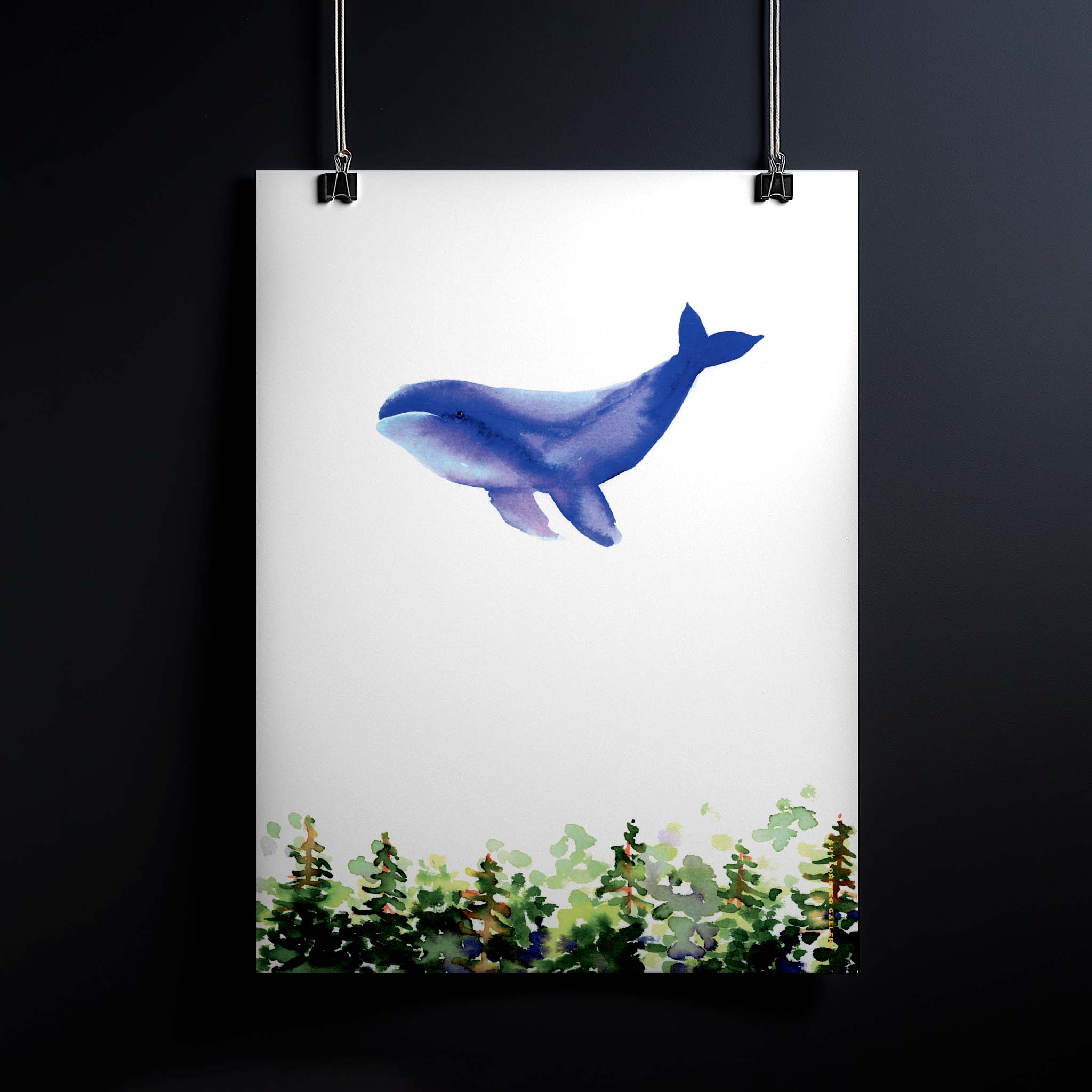 "Dream Big" – Watercolor kids poster of a whale flying over a forest, inspiring imagination and creativity. Perfect motivational print for children’s rooms.
