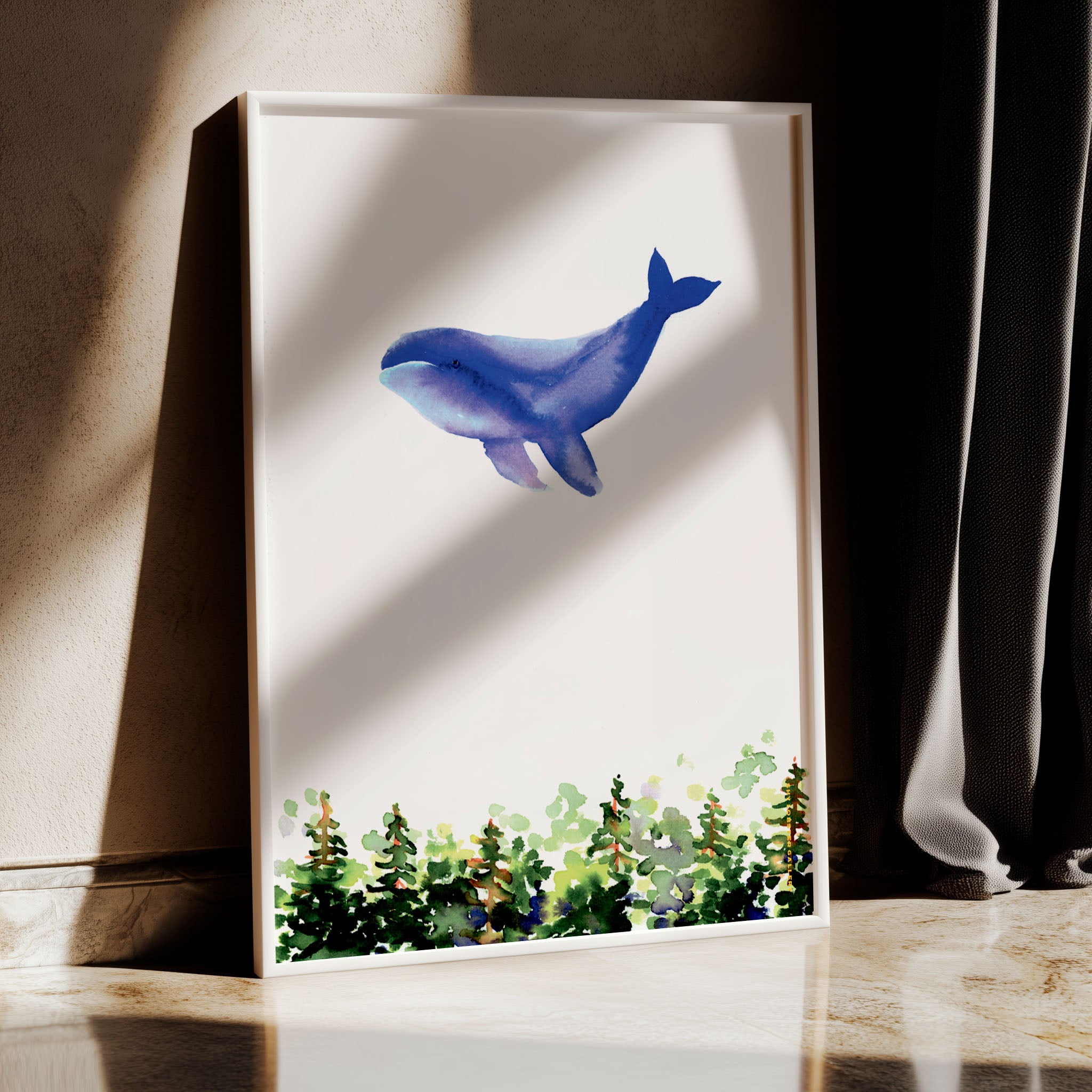 "Dream Big" – Hand-painted watercolor poster featuring a whale soaring above a peaceful forest, encouraging kids to dream big and embrace their creativity.