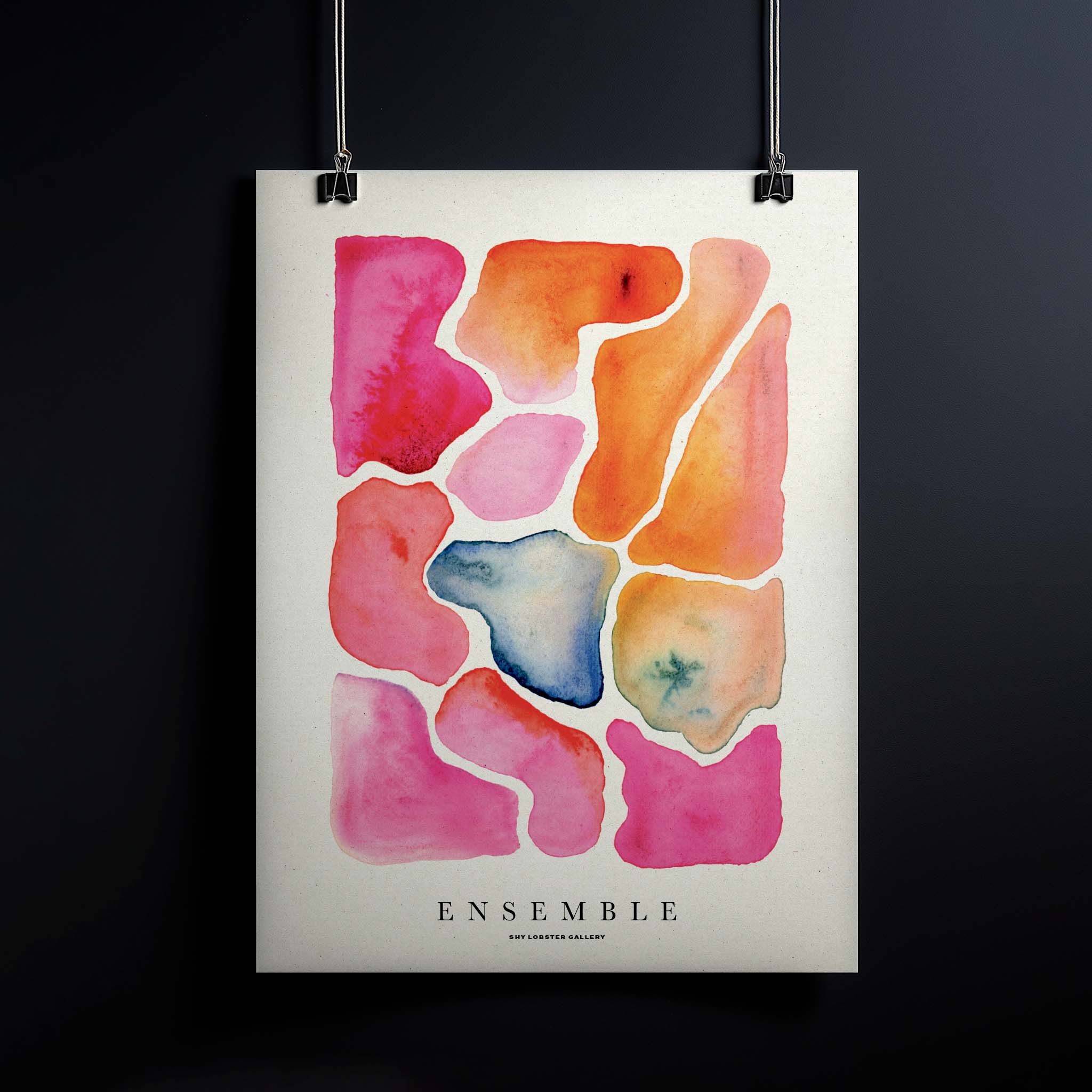 "Ensemble" – Hand-painted watercolor poster of interconnected shapes in warm pink, orange, and blue hues, symbolizing family, friendship, and unity.