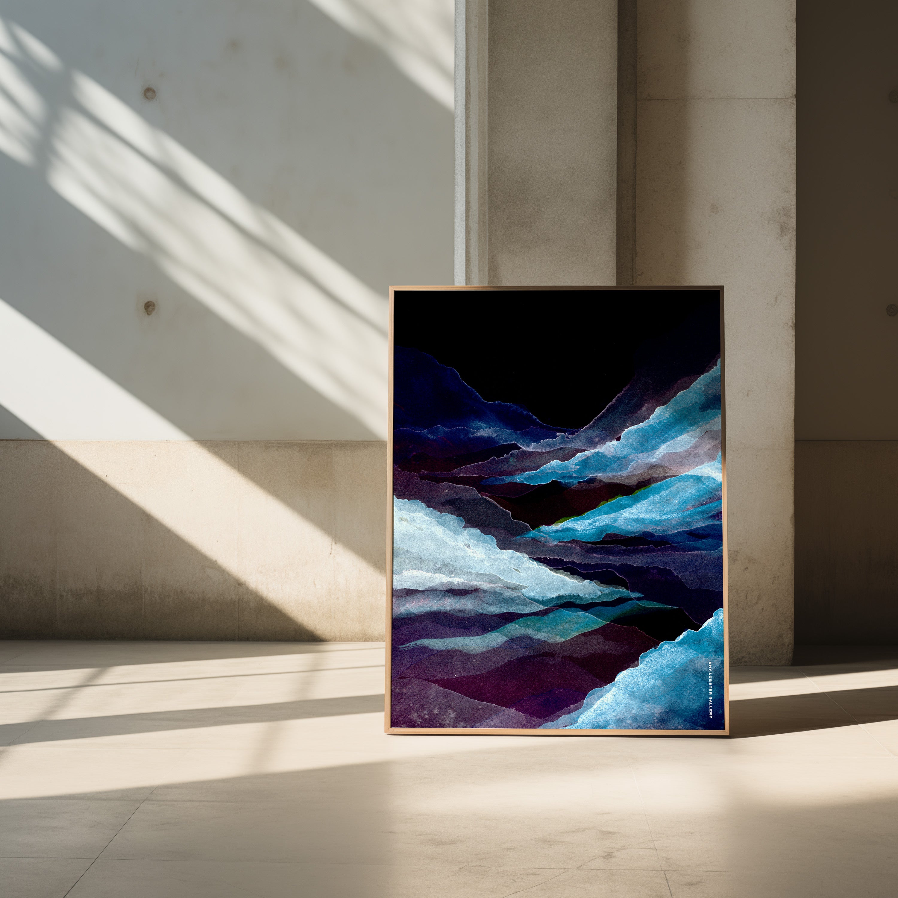 
"Exhale" – Beautiful watercolor art of hills and mountains in black and blue hues, creating a serene, calming atmosphere perfect for modern decor.