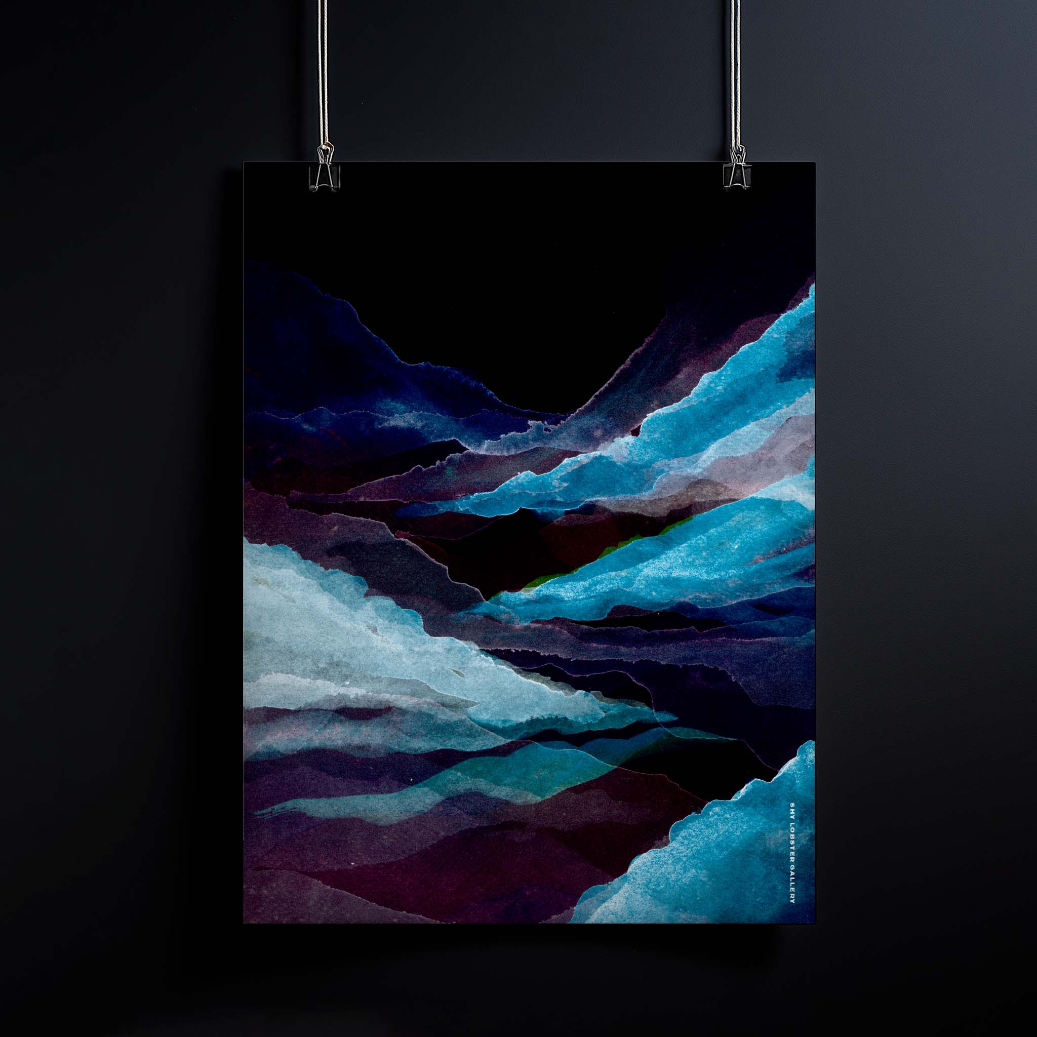"Exhale" – Serene watercolor artwork featuring inverted hills and mountains in black and blue shades, creating a peaceful and calming atmosphere.