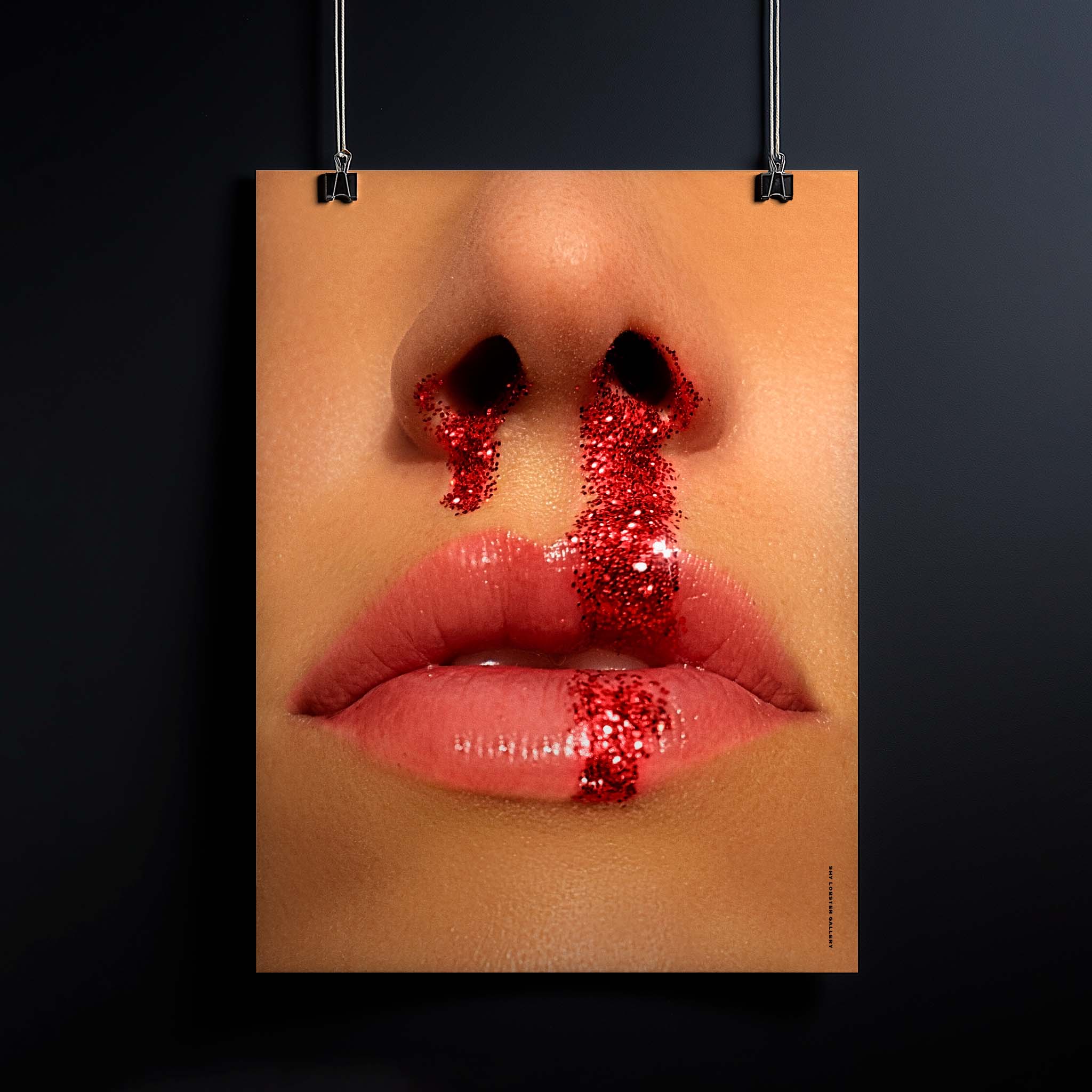 "Fighter" – A powerful photo poster featuring a close-up of a female nose bleeding red glitter, symbolizing strength, resilience, and empowerment.