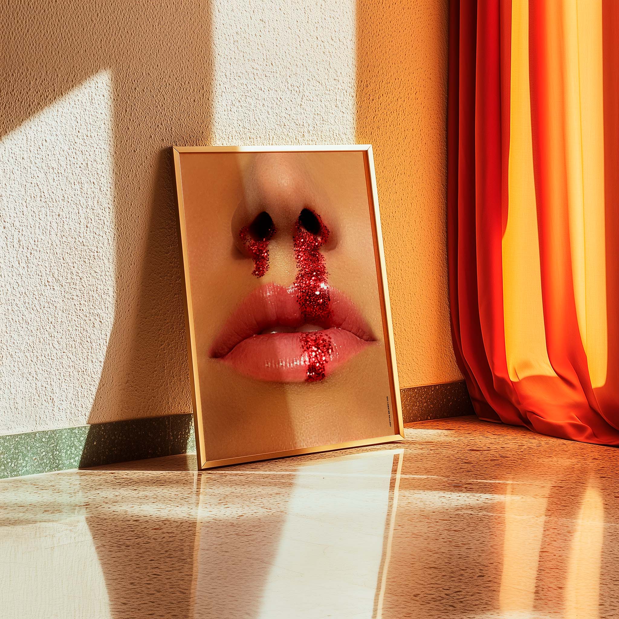 "Fighter" – Bold and artistic photo poster of a female nose bleeding red glitter, representing empowerment, creativity, and the unspoken strength of women.