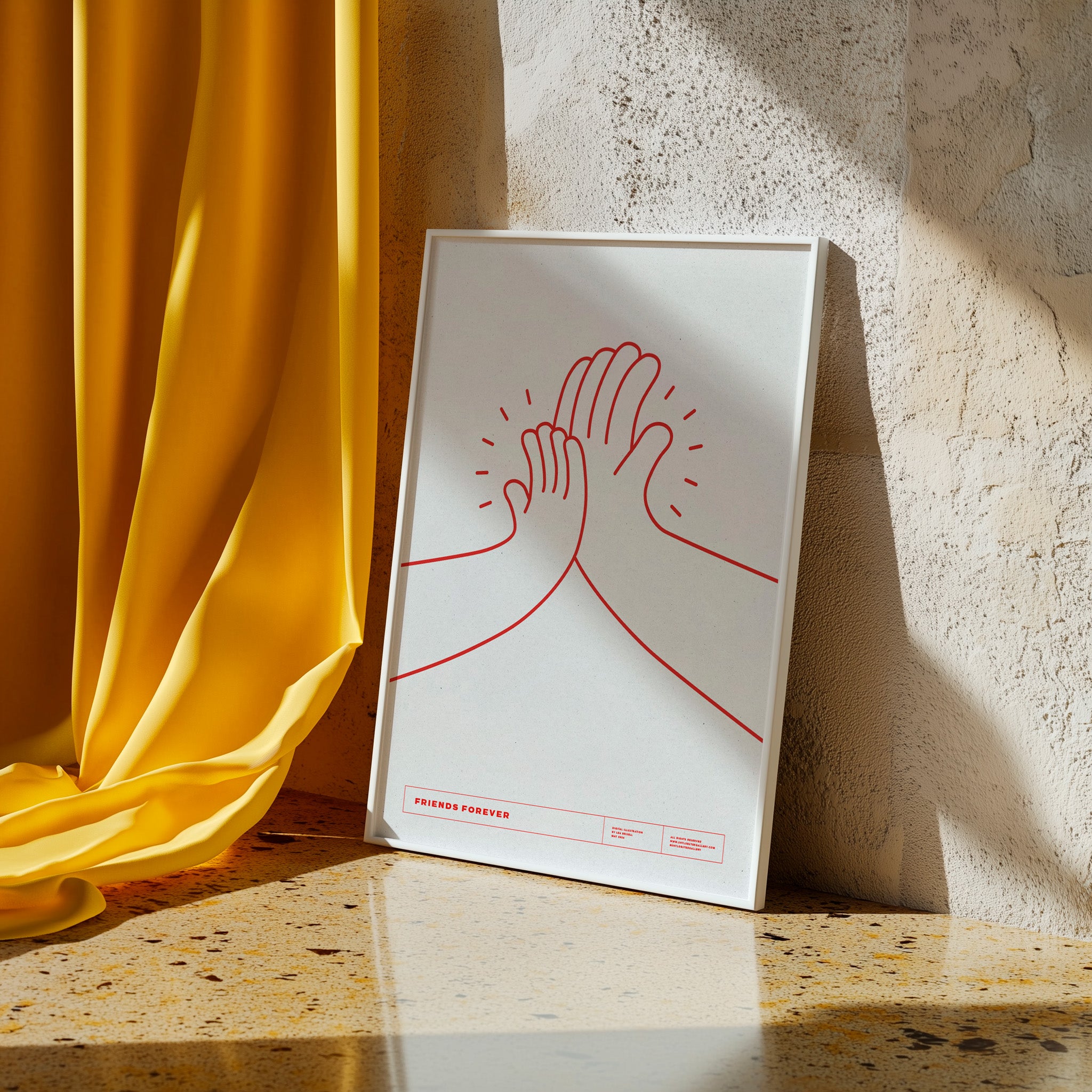 "Friends Forever" – Heartwarming graphic poster of a big and small hand high-fiving, symbolizing the unbreakable bond between parent and child. Perfect for nurseries, kids' rooms, and family spaces, this print celebrates love, support, and lifelong friendship. Poster leaning and a yellow curtain.