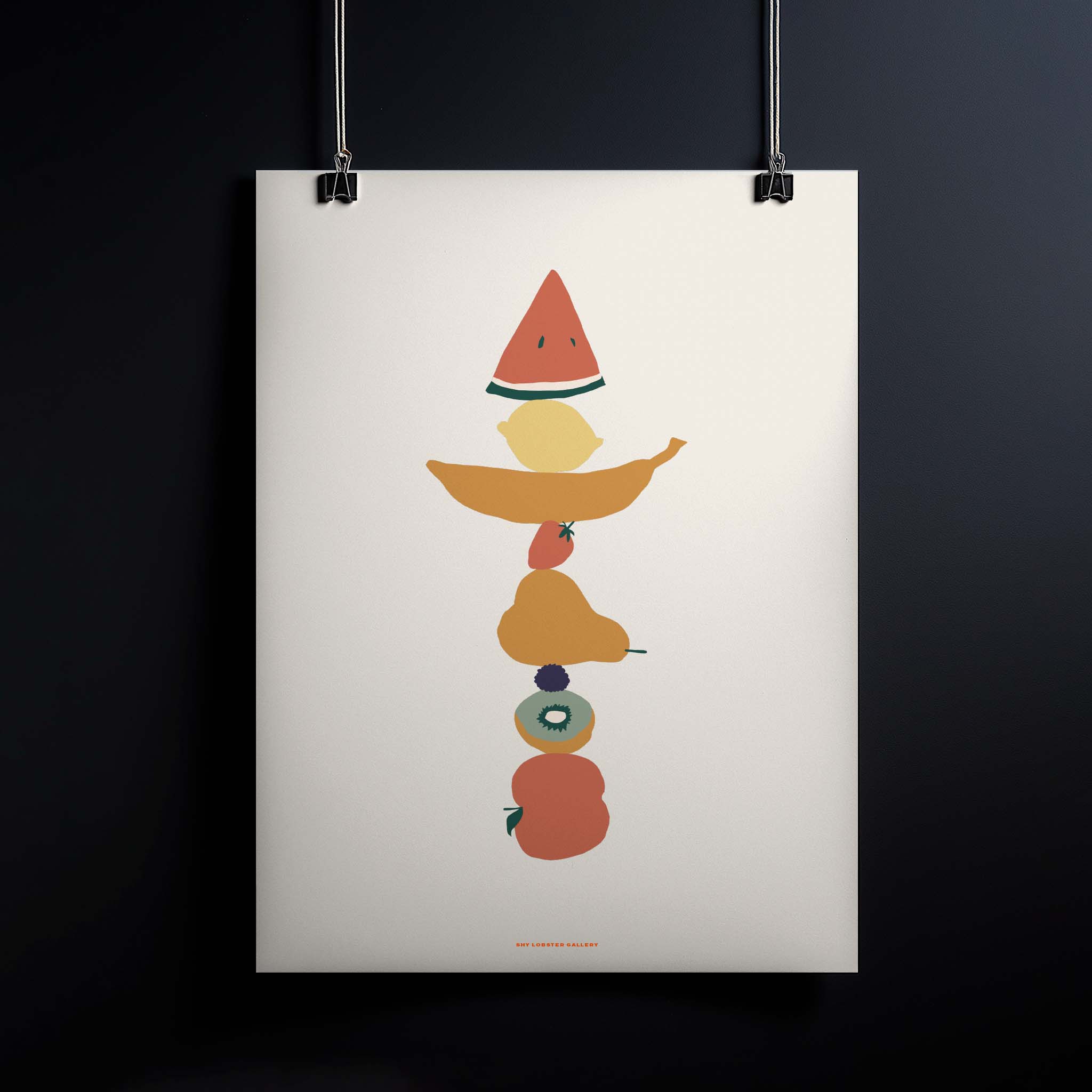 "Fruits in Soft Hues Poster" – A calming, nature-inspired graphic of vertically stacked fruits in muted shades, evoking the spirit of The Jungle Book. A perfect decorative piece for any nature enthusiast or kitchen decor.