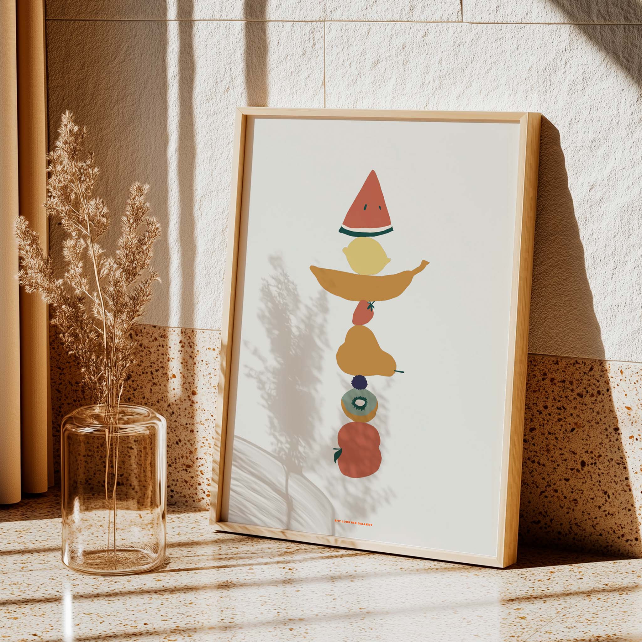 "Jungle-Inspired Fruit Poster" – A soothing graphic of fruits in soft, muted tones, inspired by the iconic The Jungle Book moment with Baloo and Mowgli. Ideal for brightening up your home with a nature-infused design.