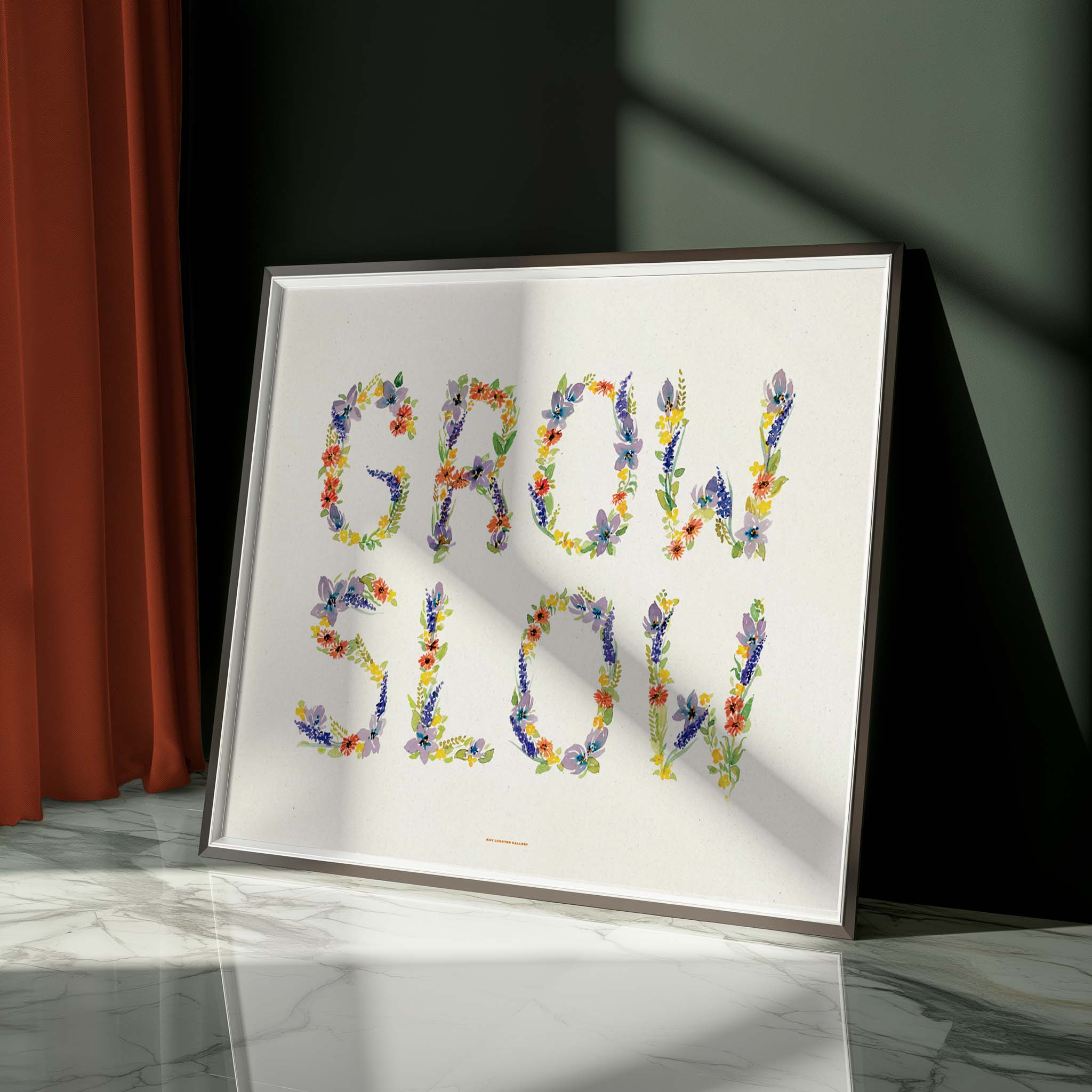 
Watercolor "GROW SLOW" poster with blooming flowers, a peaceful nursery print encouraging kids and parents to embrace the beauty of slow growth and simple moments.