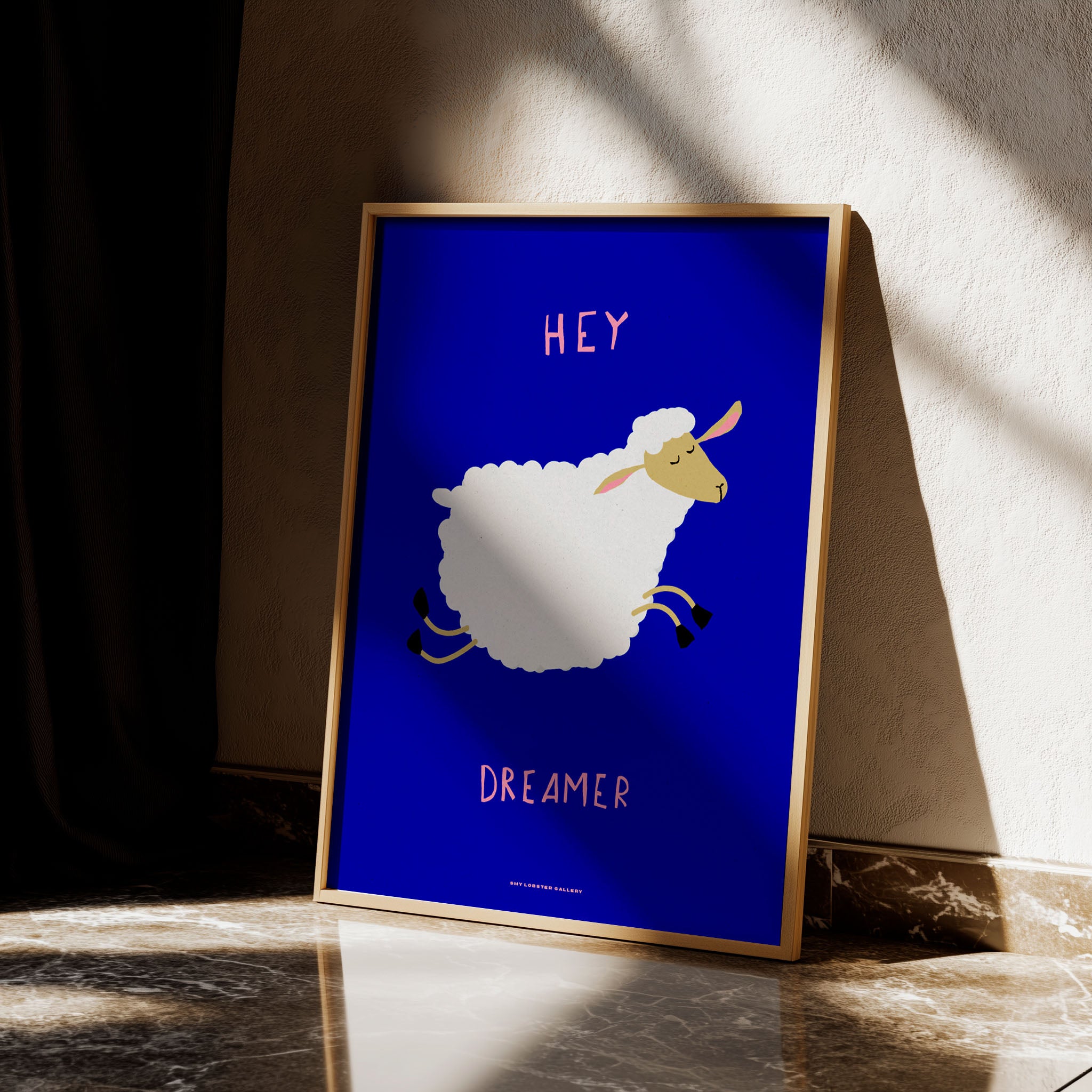 Charming "Hey Dreamer" poster for kids with a whimsical sheep jumping under a deep blue sky, perfect for encouraging peaceful sleep and bedtime magic in any child's room.