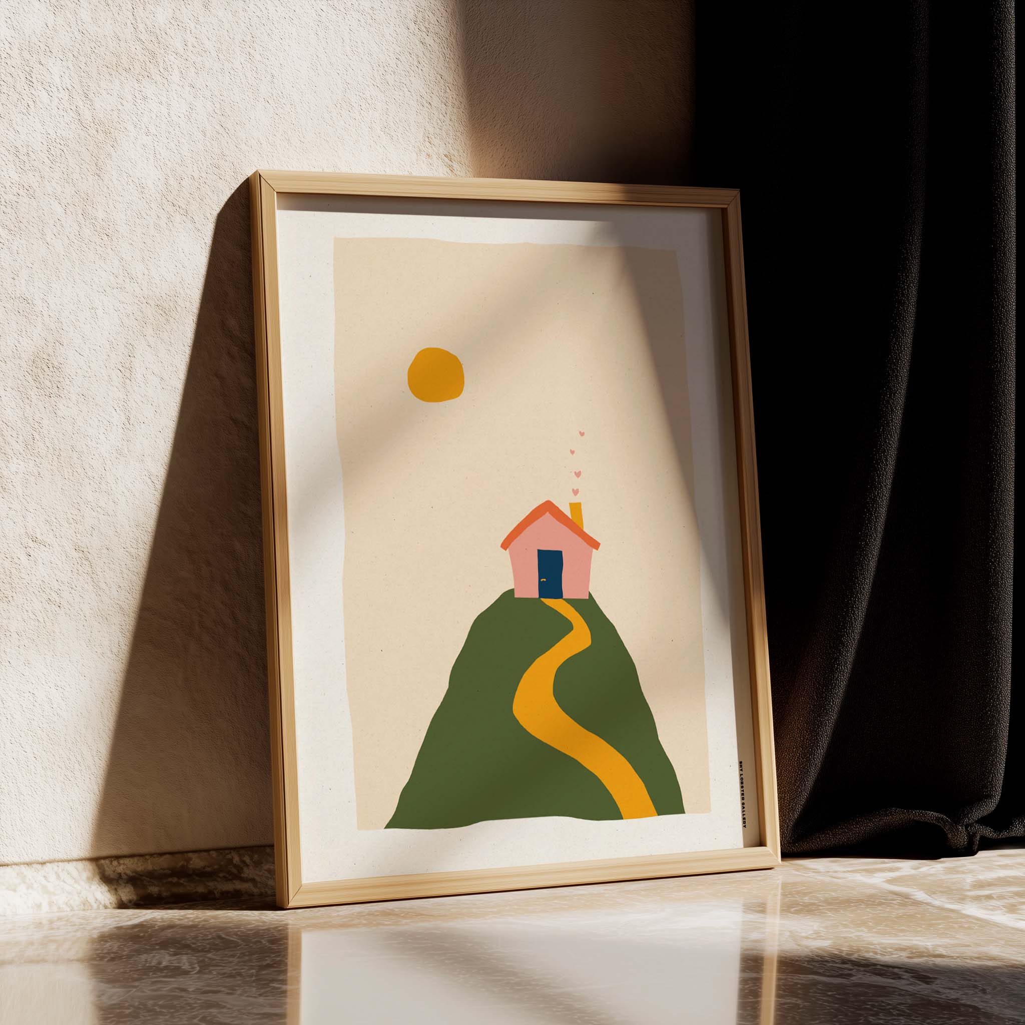 Cozy kids' print, "Home is Wherever I'm With You" - Illustration of a house atop a mountain with hearts coming out of the chimney, representing family love and connection. Ideal for family spaces and children's rooms.