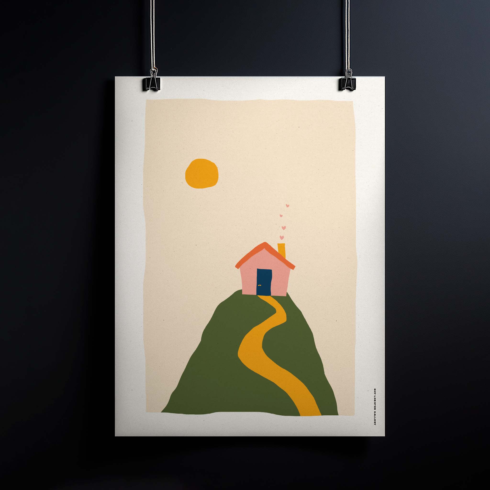 "Home is Wherever I'm With You" - Heartwarming kids' poster featuring a little house on a mountain with hearts floating from the chimney, symbolizing love and togetherness. Perfect for nurseries and playrooms.
