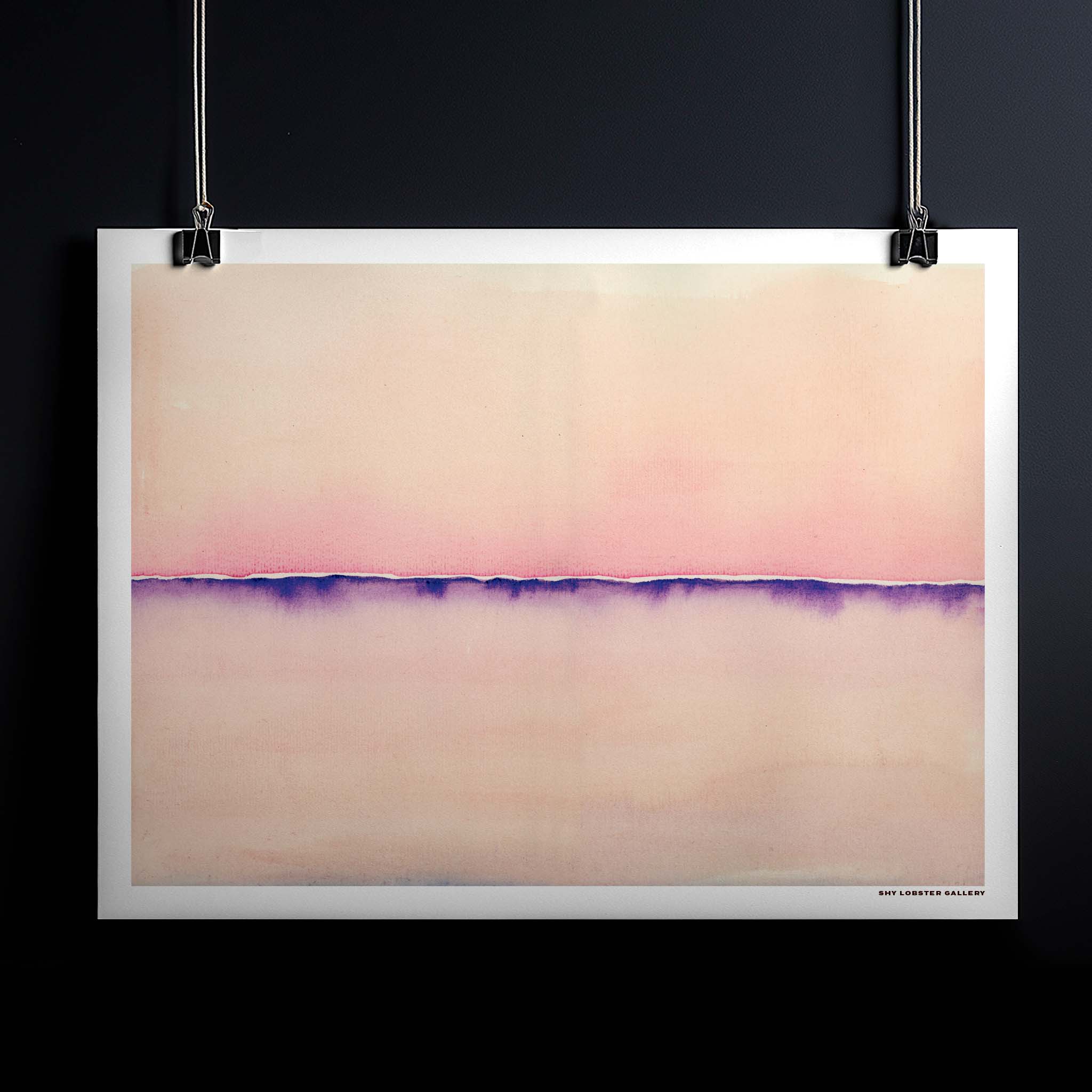 "A calming watercolor print of a pink and purple horizon, perfect for creating a serene atmosphere in any room. Soft, minimalistic design ideal for home décor."