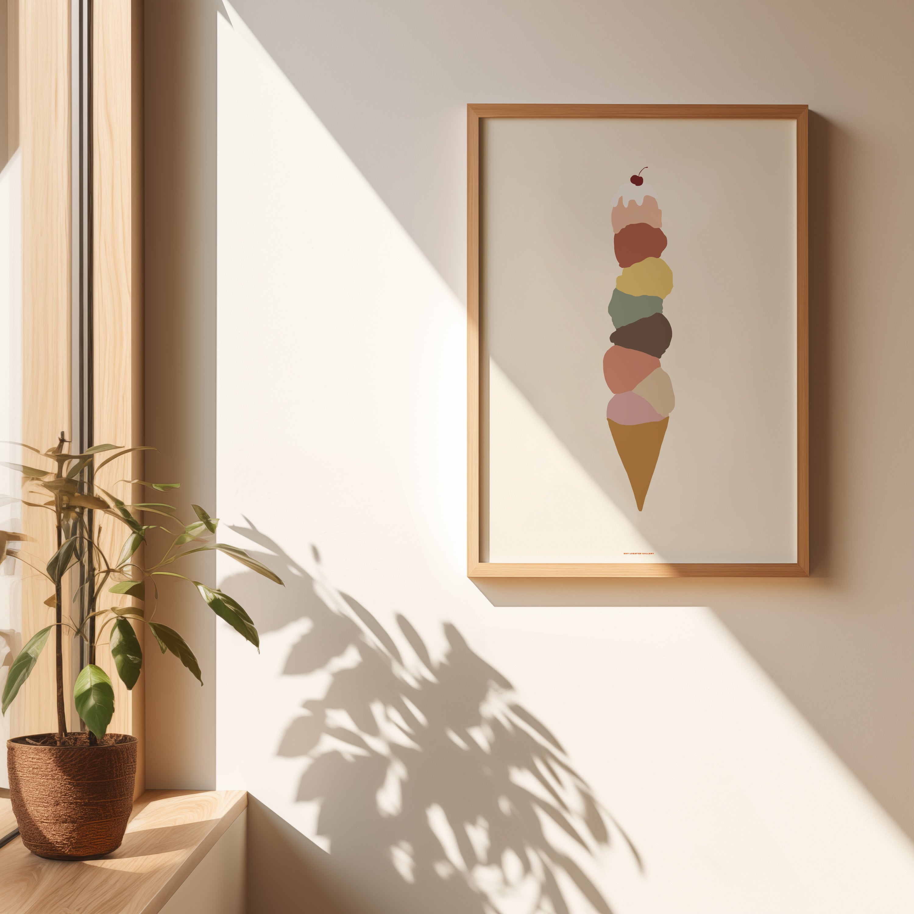 Ice Cream Cone Art Print - A clean and simple illustration of an ice cream cone with multiple scoops, designed in soothing pastel hues, perfect for ice cream lovers and playful home decor.