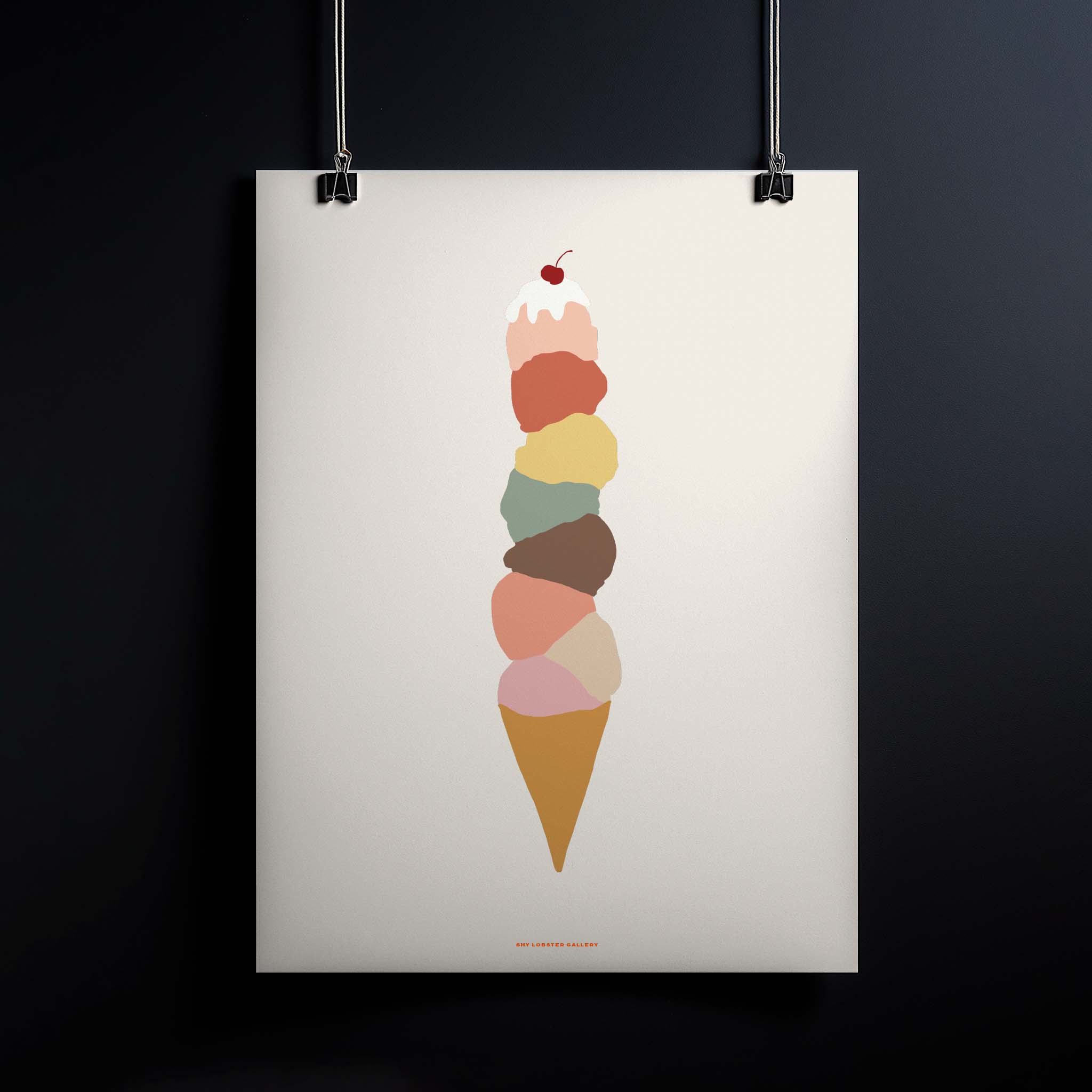 Ice Cream Graphic Poster - A minimalist illustration of a tall stack of ice cream scoops on a cone in muted colors, perfect for adding a playful touch to kitchens, dining rooms, or kids' spaces.