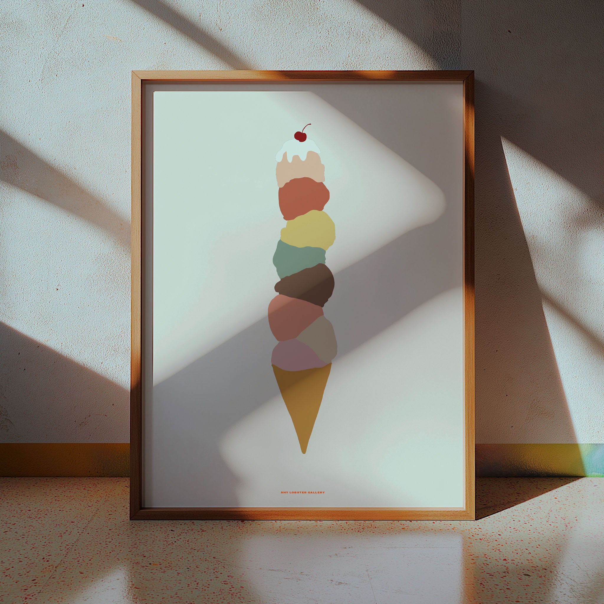 Muted Ice Cream Cone Poster - A modern, graphic design featuring a vertical stack of ice cream scoops in soft colors, ideal for creating a fun and stylish atmosphere in your home or office.
