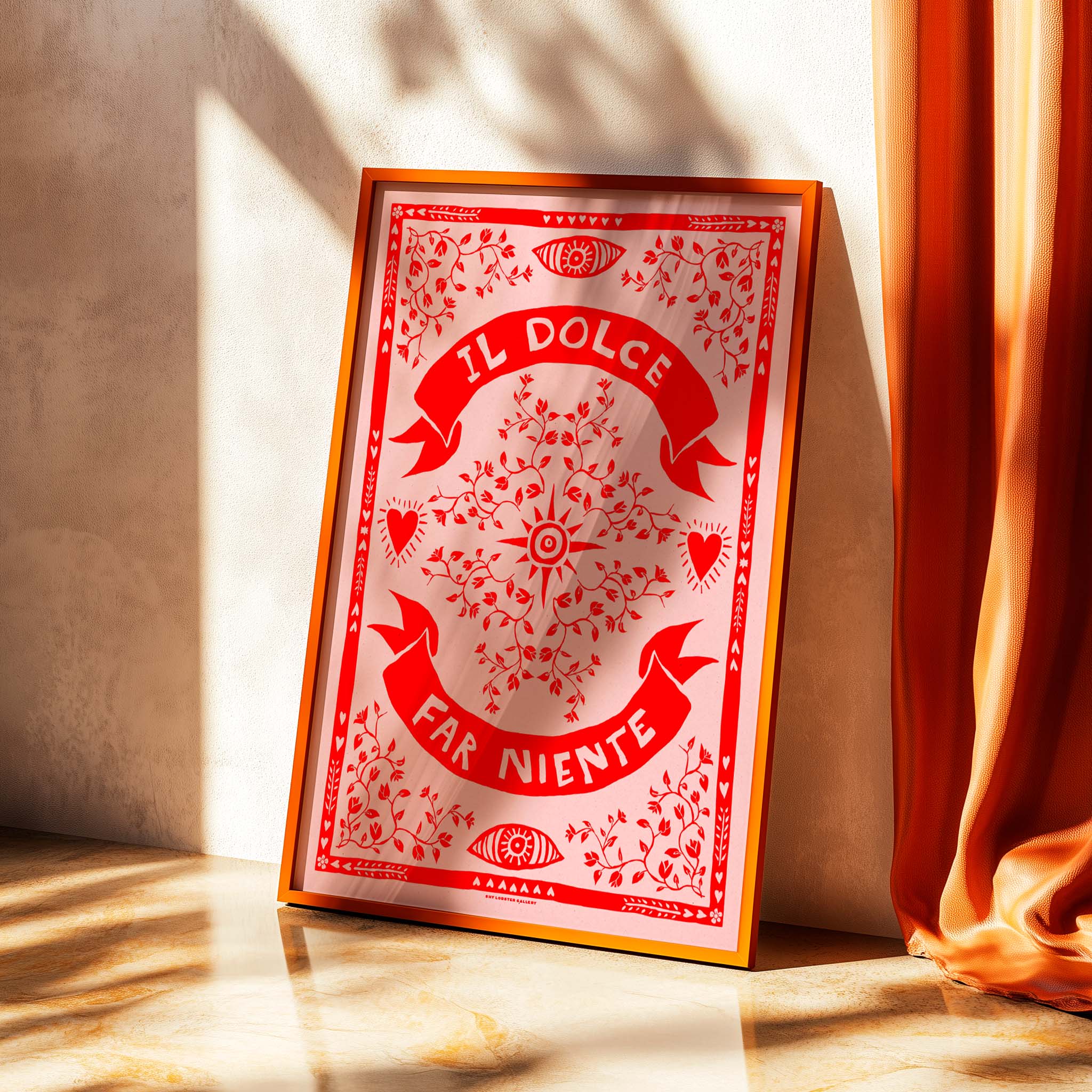 "Il Dolce Far Niente" – Graphic poster in red and pink featuring the Italian saying "the sweetness of doing nothing." A motivational print encouraging relaxation and enjoying life’s simple pleasures, perfect for modern home or office decor. Plakat i ramme.