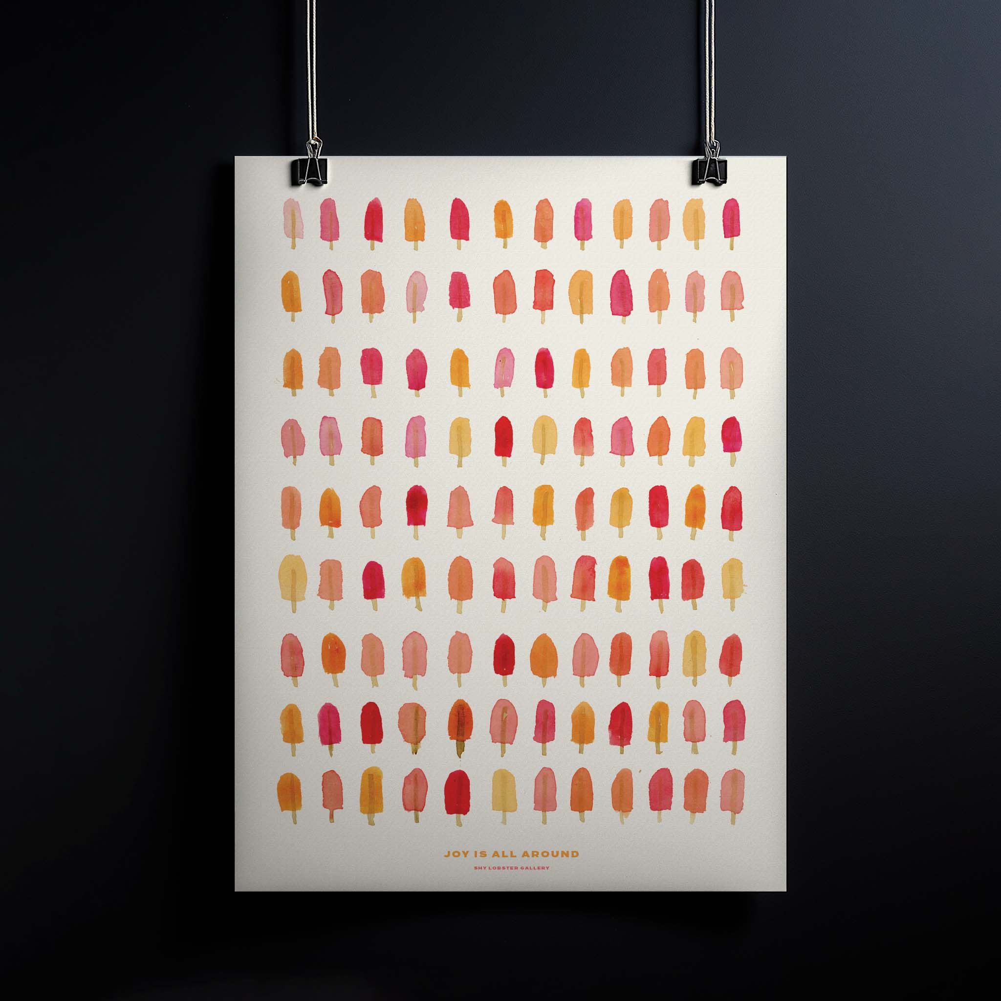 "Joy is All Around" – Handpainted poster with rows of colorful ice lollies in a perfect grid, bright and cheerful design for kids' rooms and playful spaces.