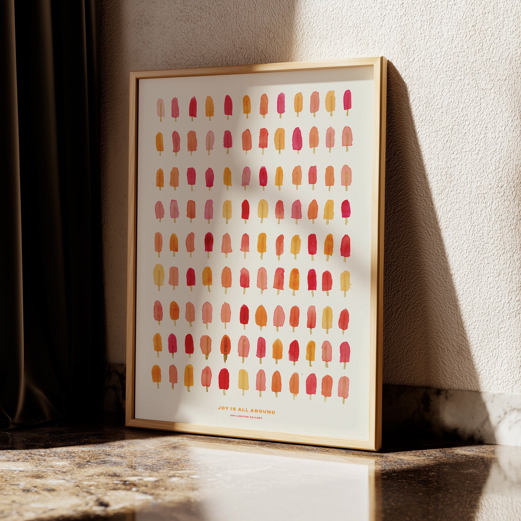 "Joy is All Around" – A vibrant, handpainted graphic poster featuring colorful ice lollies arranged in a grid, perfect for adding a touch of fun and happiness to your home decor.