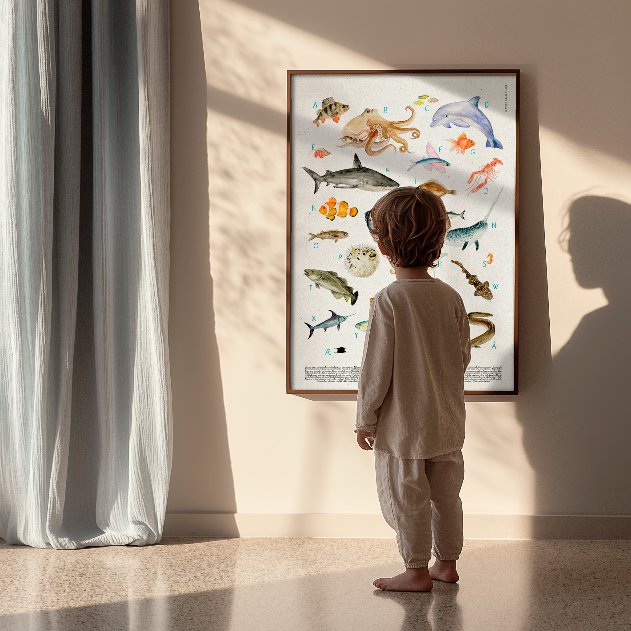 "Havets ABC" – Ocean-themed alphabet poster for kids featuring 28 hand-painted sea creatures, each representing a letter. Watercolor design with muted shades, perfect for nurseries, kids’ rooms, and family spaces. Includes fun facts about each ocean creature, ideal for families who love the ocean and fishing. Boy standing looking at poster.