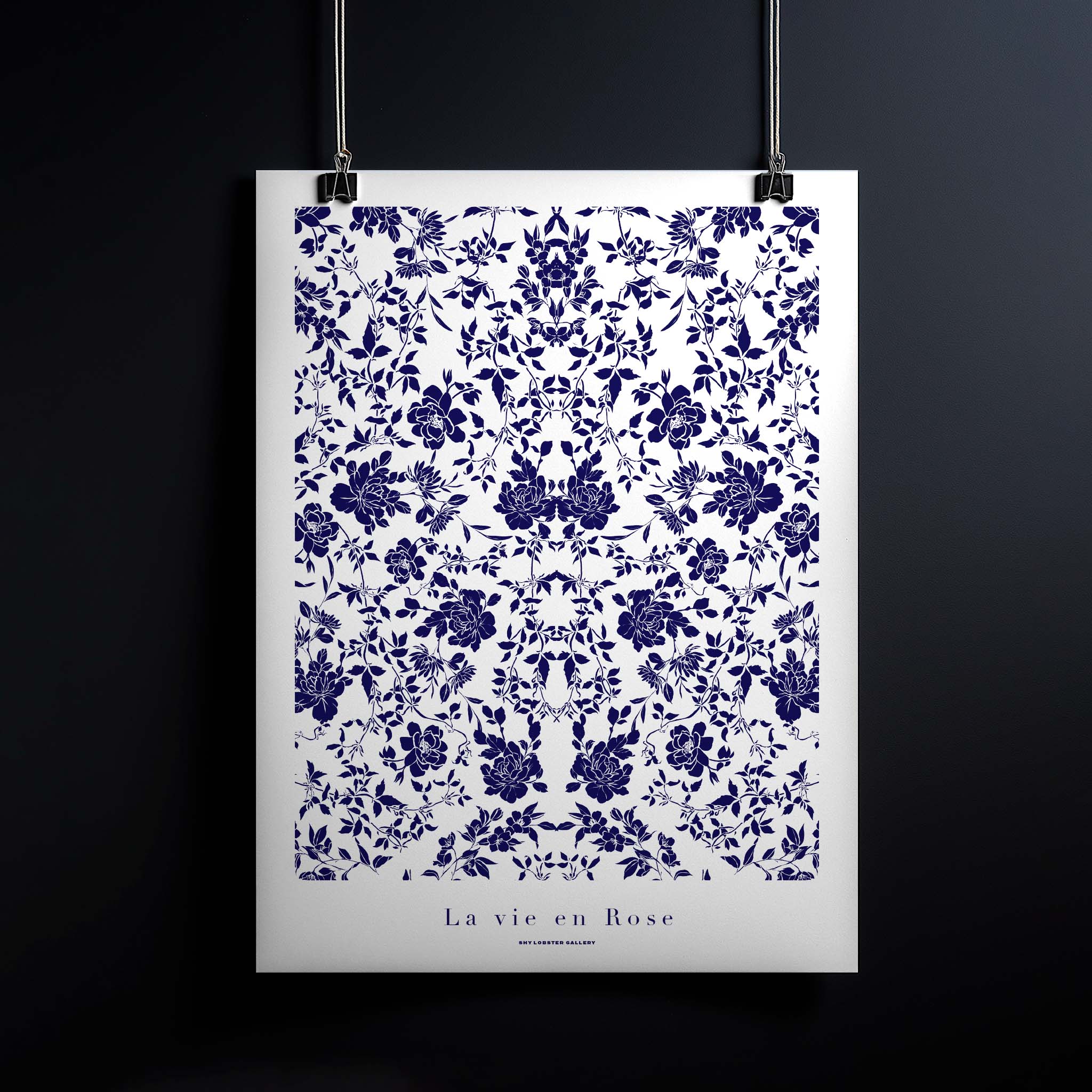 "La Vie en Rose floral symmetry poster with blue and white flowers" – A minimalist graphic print featuring a symmetrical floral design in soothing blue and white tones.