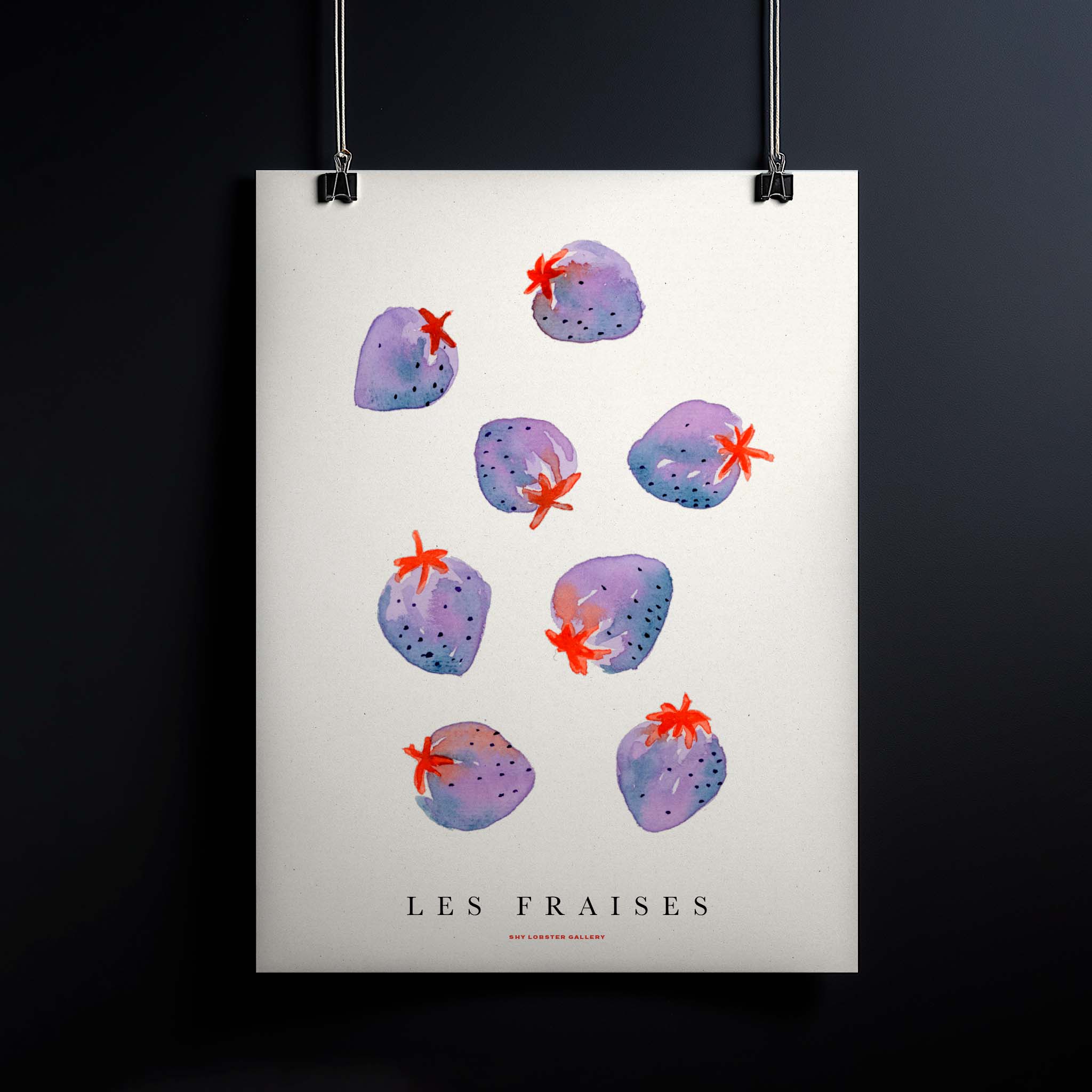 "Watercolor poster of 8 hand-painted strawberries in blue and red, minimalist design, fresh and vibrant wall art"
