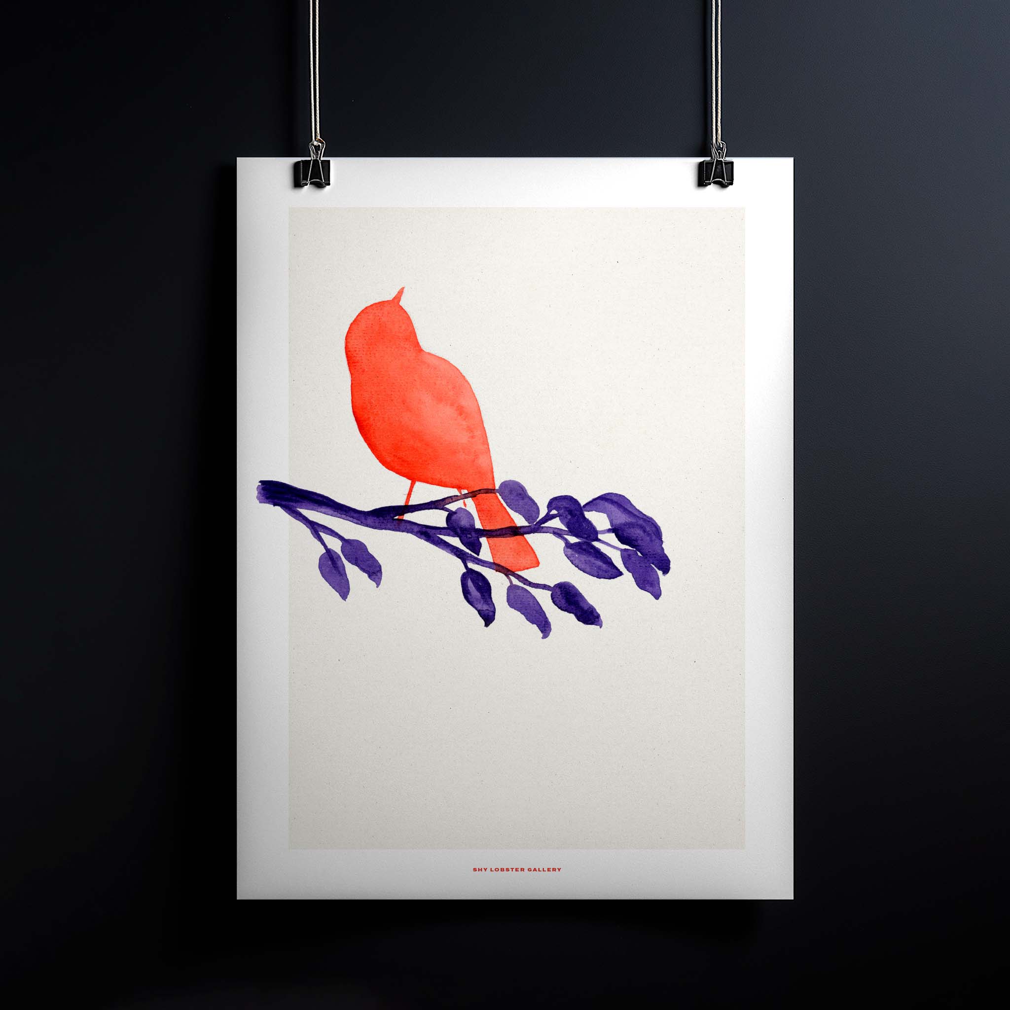 Handpainted watercolor poster of a delicate songbird on a branch in soft orange and purple tones, minimalist silhouette design, perfect for nature-inspired home decor.