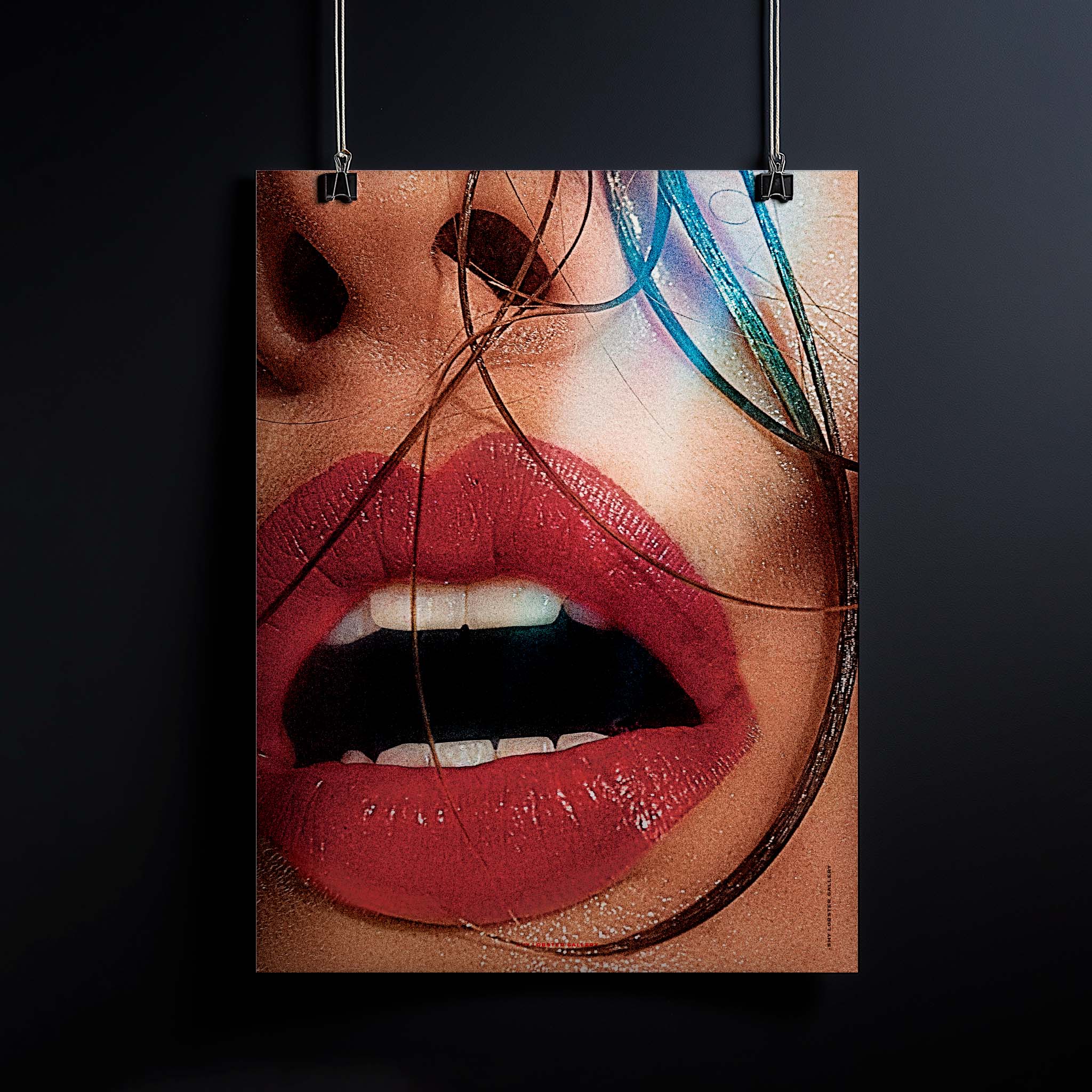 Close-up photography of red lips with wet hair, inspired by vintage magazines. A sensual and glamorous design for modern decor.