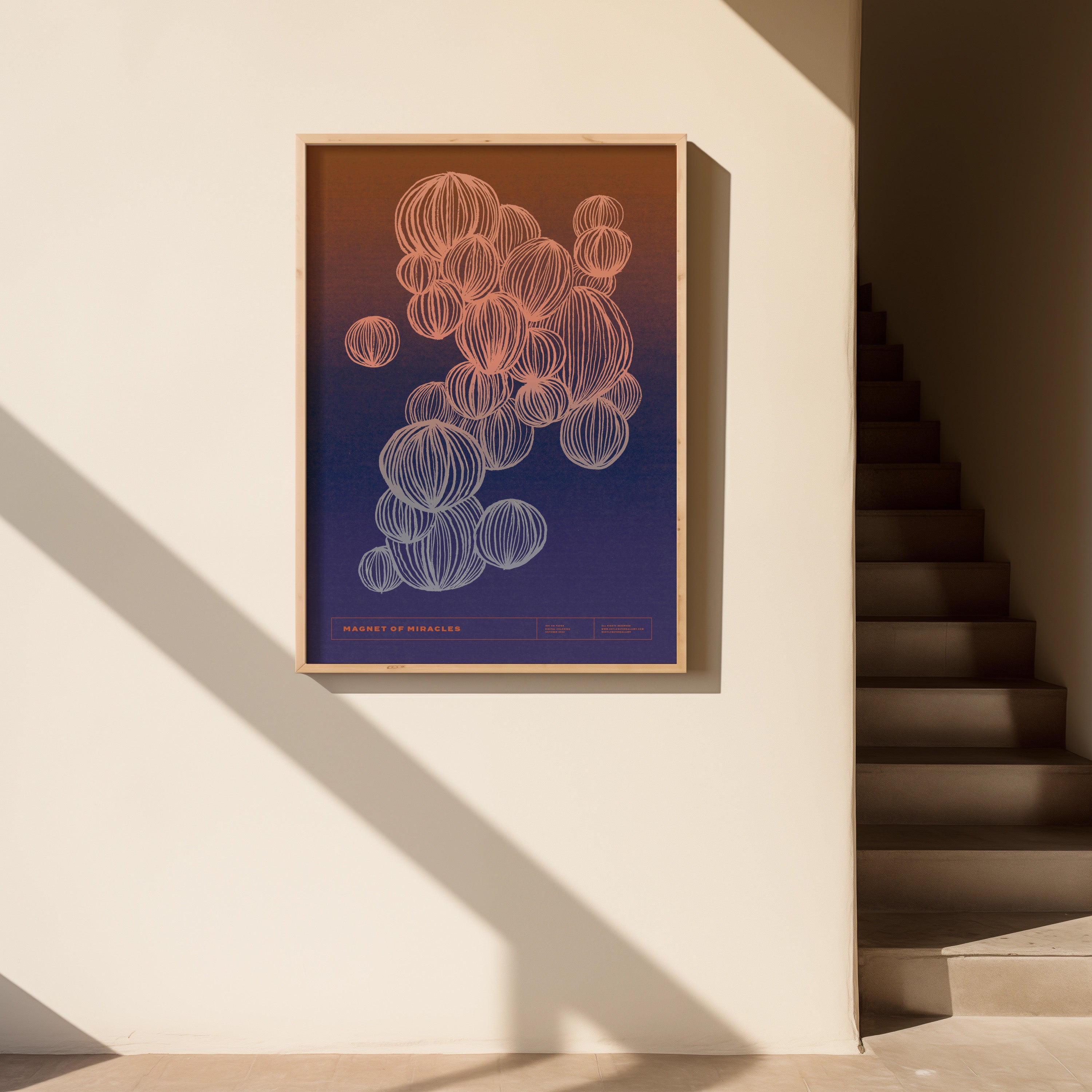 Abstract art poster Magnet of Miracles, featuring magnetized circles in a mesmerizing pattern, with a dark gradient brown background. This modern design evokes the concept of connection and unseen forces, perfect for contemporary interiors.