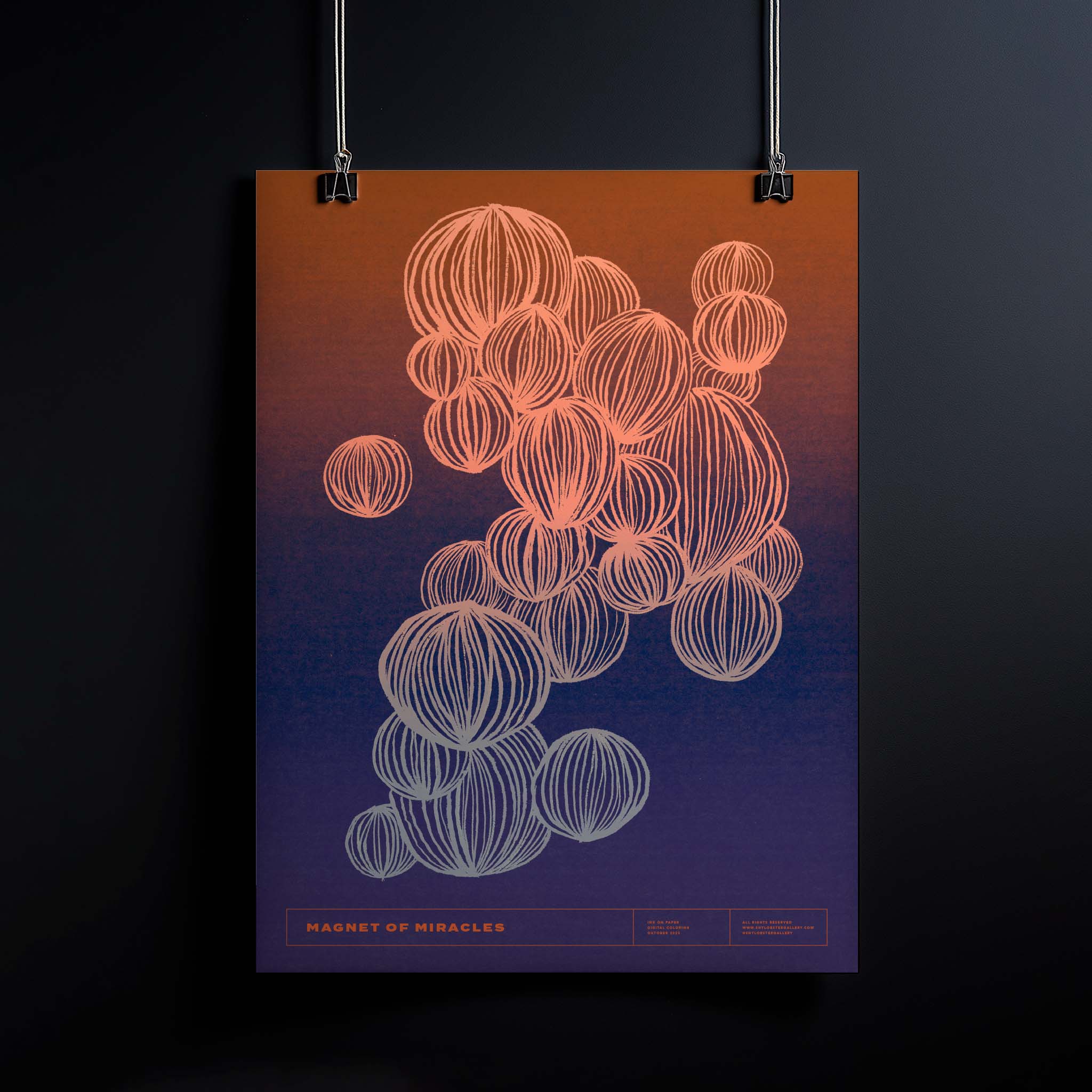 Magnet of Miracles abstract graphic poster featuring interconnected circles in a pattern with a dark gradient brown background. Symbolizing attraction and unity, this modern design adds a unique touch to any space.