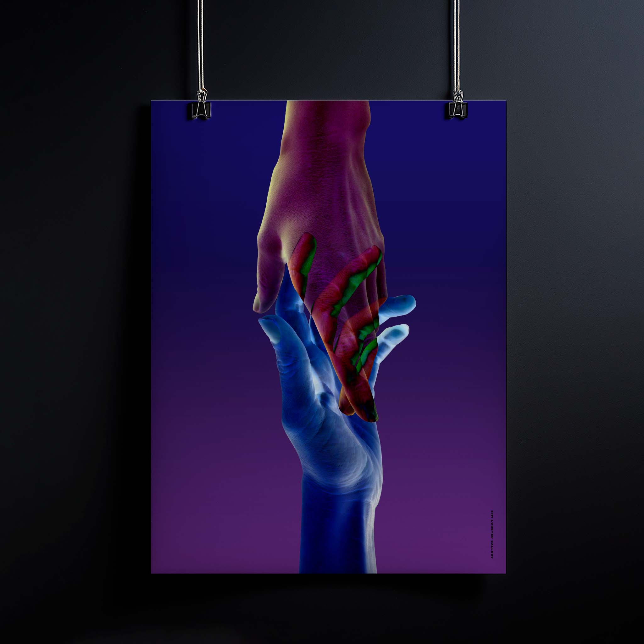 Futuristic digital illustration of two hands meeting, blending blue, purple, and green hues, showcasing surreal design and modern art for print and posters.