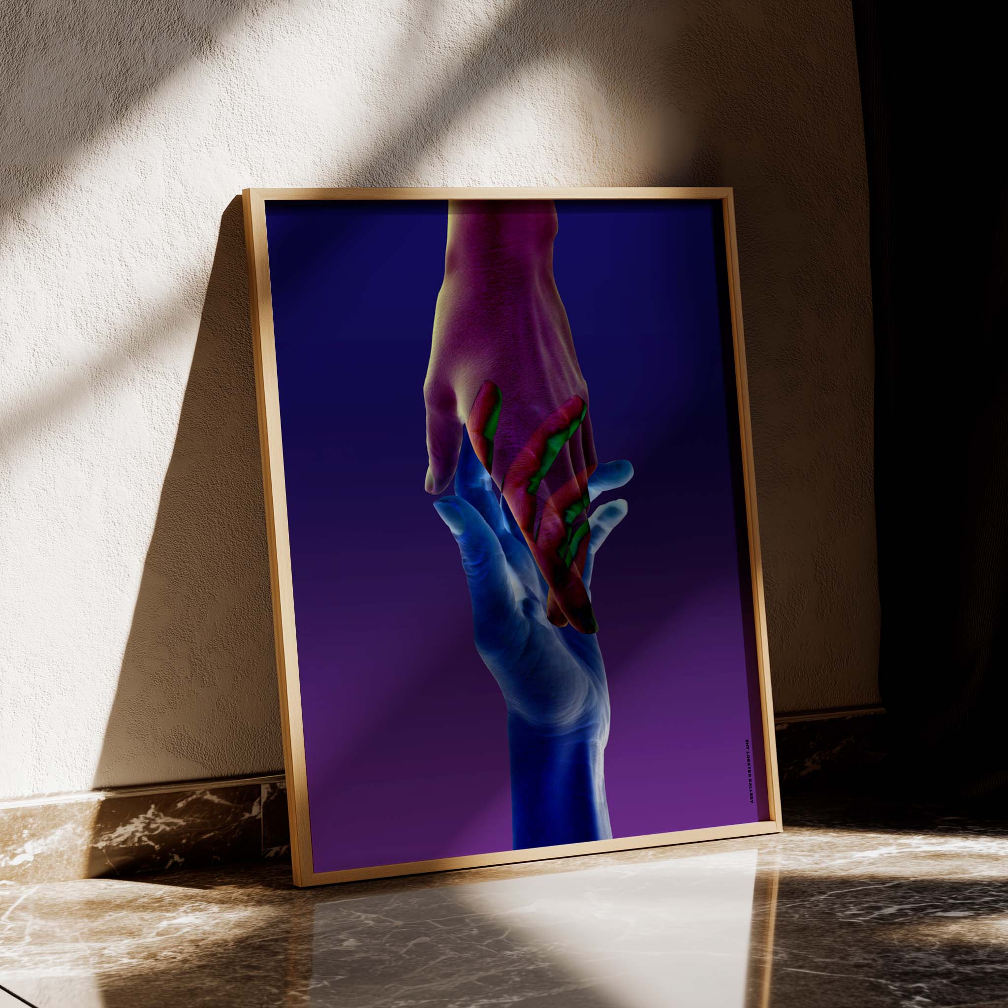 Surreal artwork featuring two hands in futuristic style, using a blend of blue, purple, and green colors, perfect for modern print posters.
