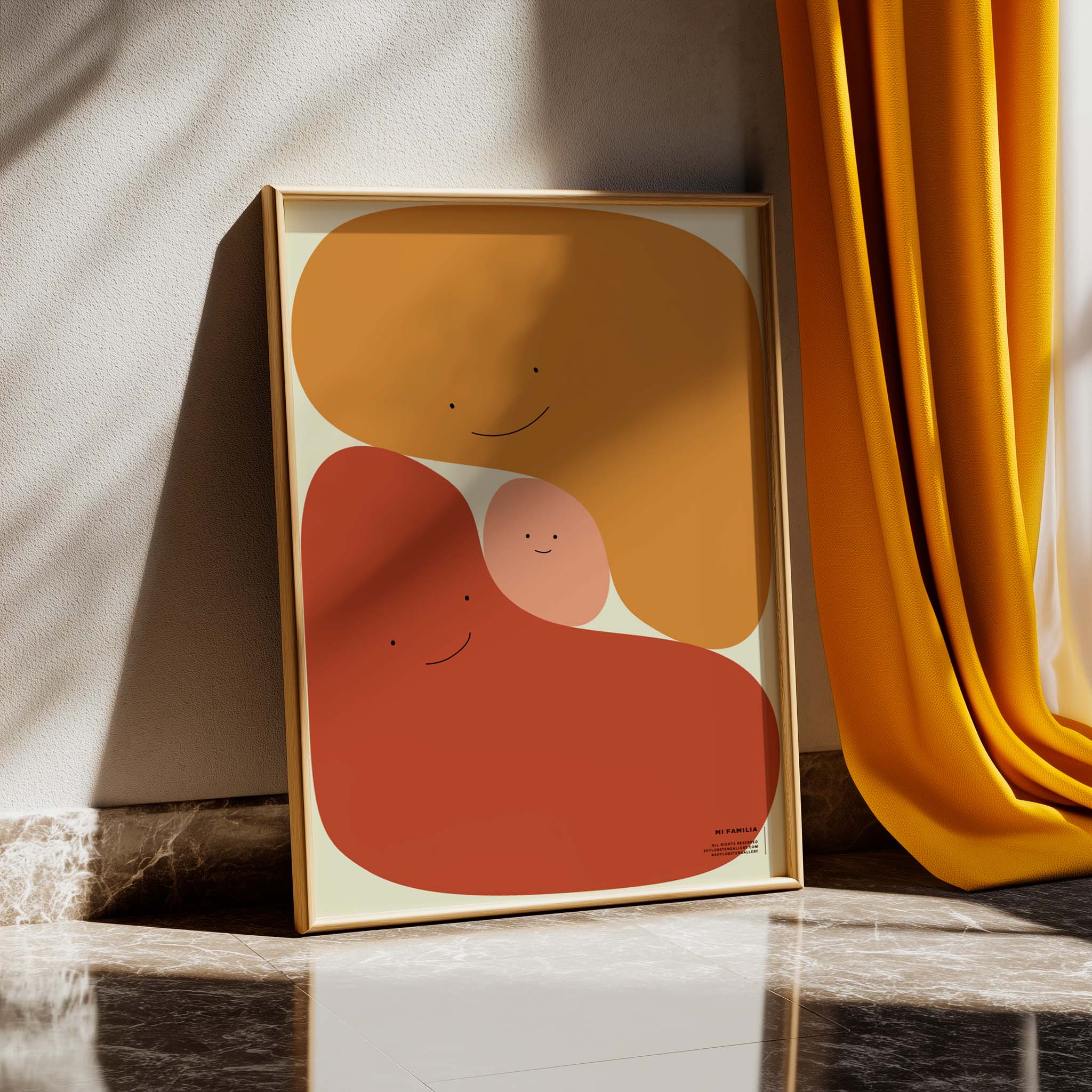 "Mi Familia" – Graphic poster featuring a family of three as cute, smiling blobs in a modern design with soft shapes and colors. A heartwarming print celebrating love, togetherness, and the unbreakable bond of family and best friends, perfect for home or nursery decor. Poster in wooden frame.