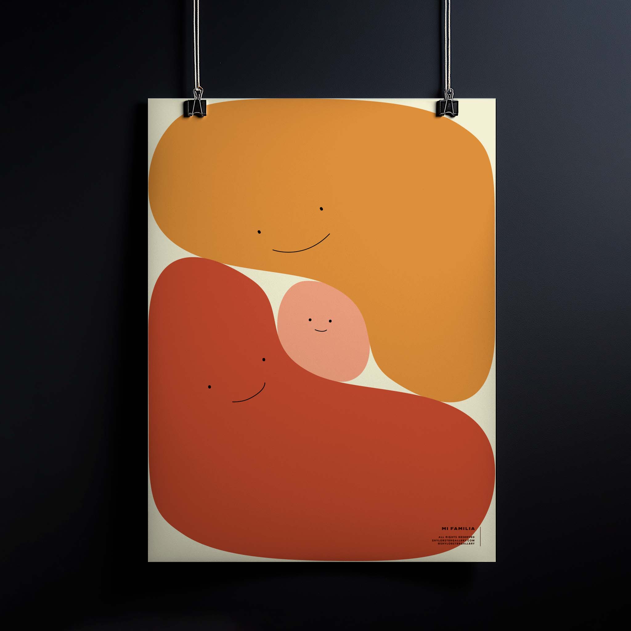 "Mi Familia" – Graphic poster featuring a family of three as cute, smiling blobs in a modern design with soft shapes and colors. A heartwarming print celebrating love, togetherness, and the unbreakable bond of family and best friends, perfect for home or nursery decor. Poster hanging. Unique and personal.