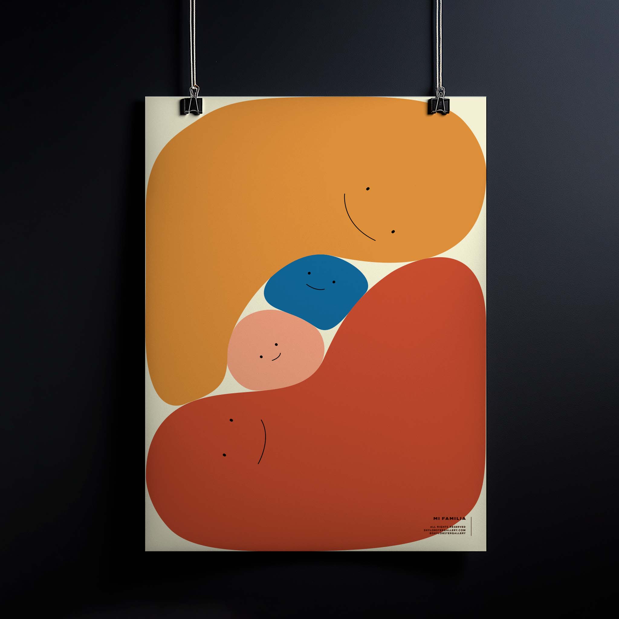 "Mi Familia" – Graphic poster featuring a family of four as cute, smiling blobs in modern colors and soft shapes. A heartwarming print celebrating love, unity, and the unbreakable bond of family and best friends, perfect for home, nursery, or family room decor.