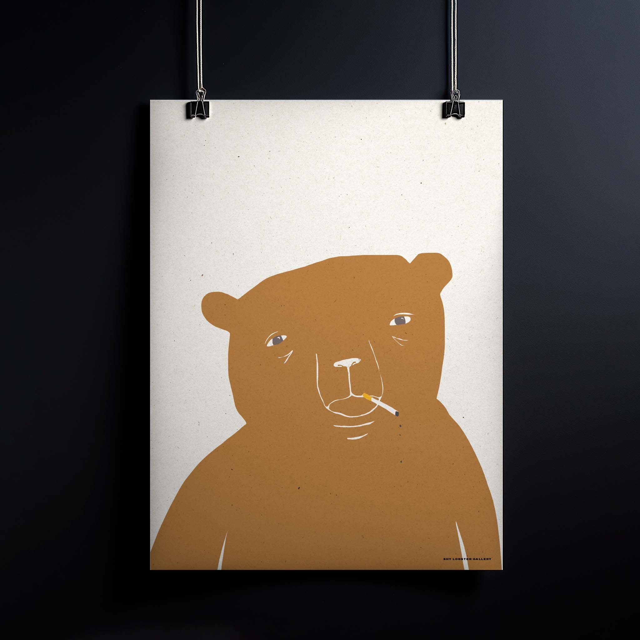 Humorous illustration of a tired teddy bear smoking a cigarette, looking hungover, perfect for those who relate to Monday mornings. Playful print for home or office decor.