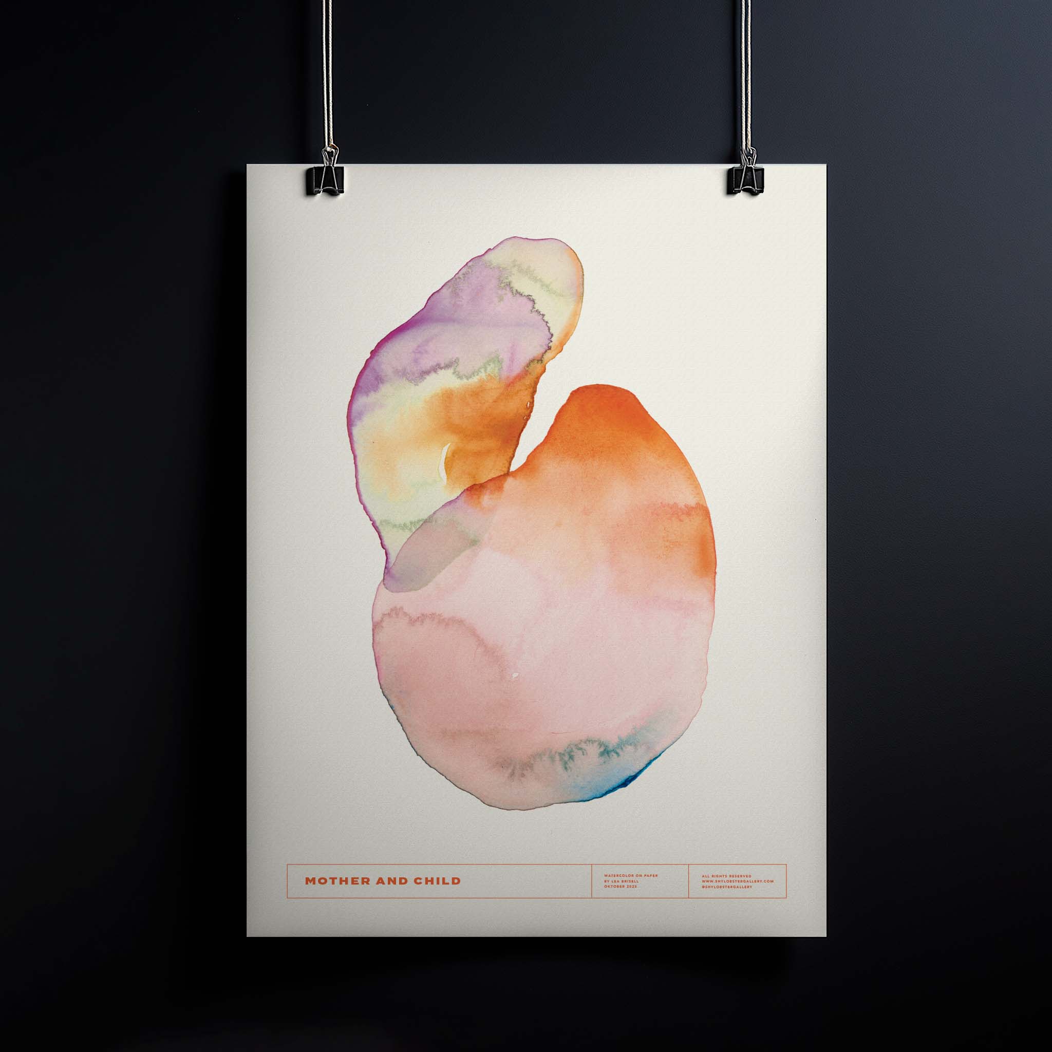 "Mother and Child" – Hand-painted watercolor print featuring two overlapping organic shapes symbolizing the eternal bond between mother and child. Perfect for nurseries or as a gift for new moms, this soothing poster represents unconditional love and connection.