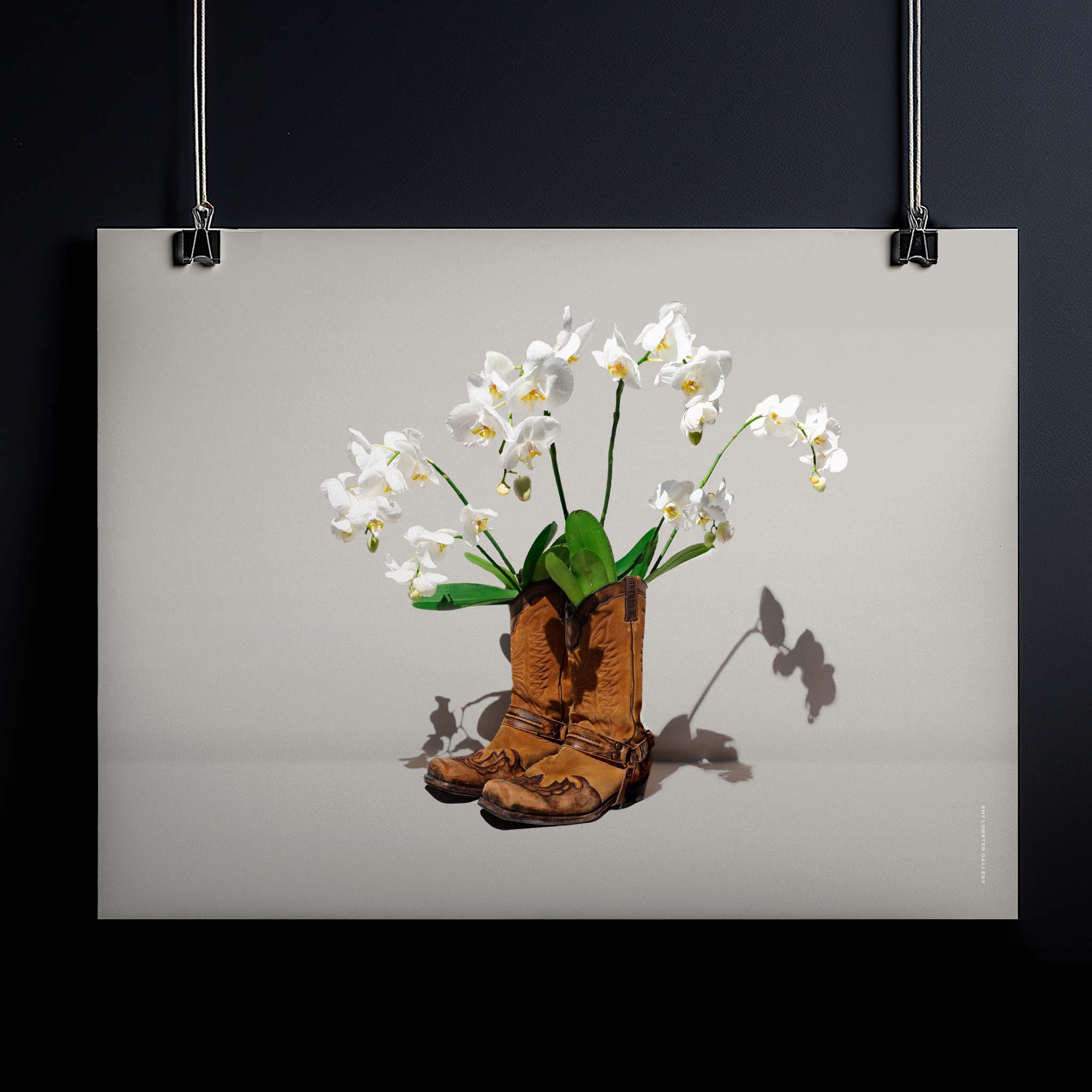 "Orchids and Cowboys" – Graphic poster featuring a pair of cowboy boots with beautiful white orchids growing from them. A striking blend of western style and natural elegance, perfect for home decor, offices, or art collections.